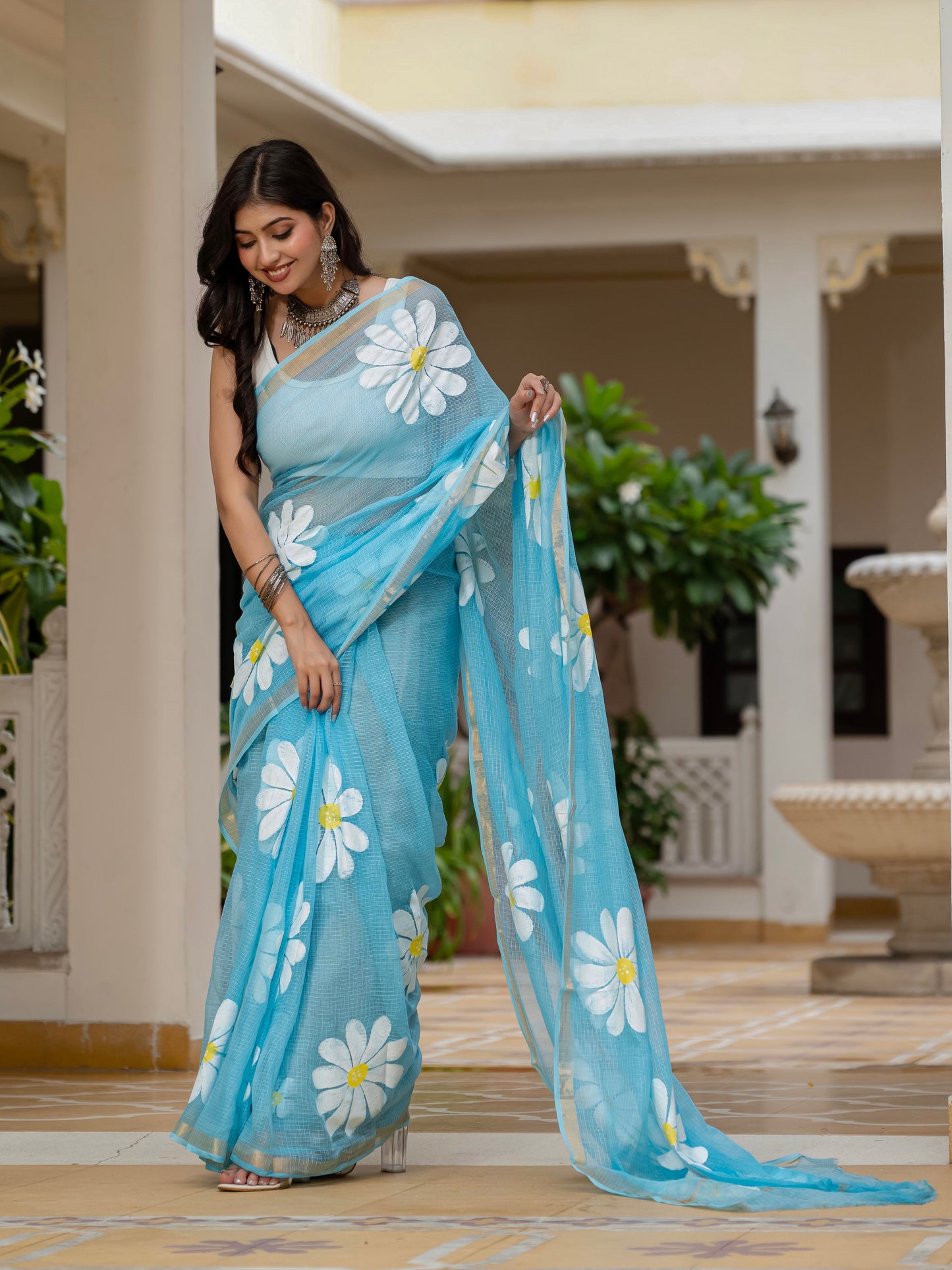 Sky blue HandPainted pure Kota Doria saree