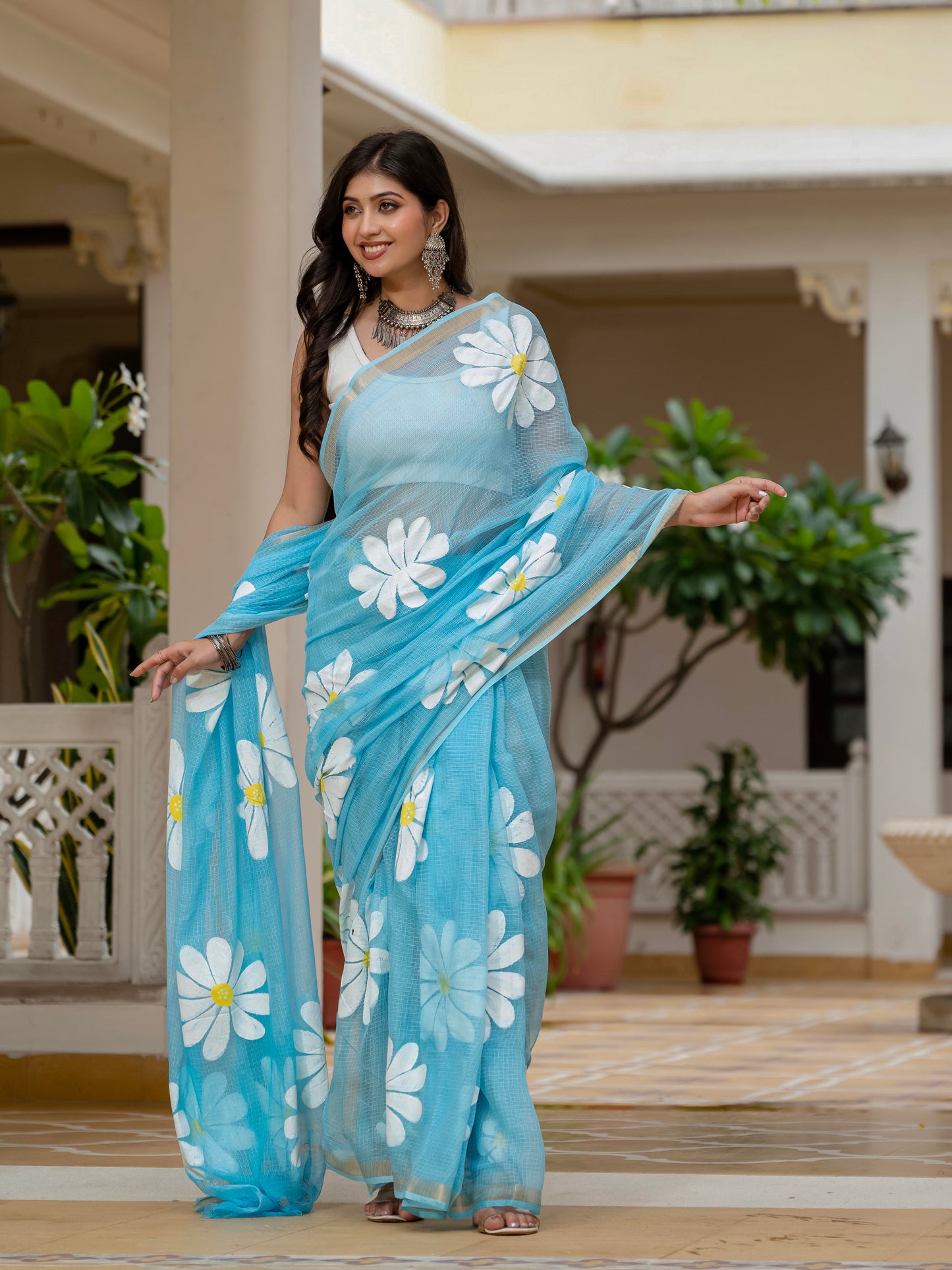 Sky blue HandPainted pure Kota Doria saree