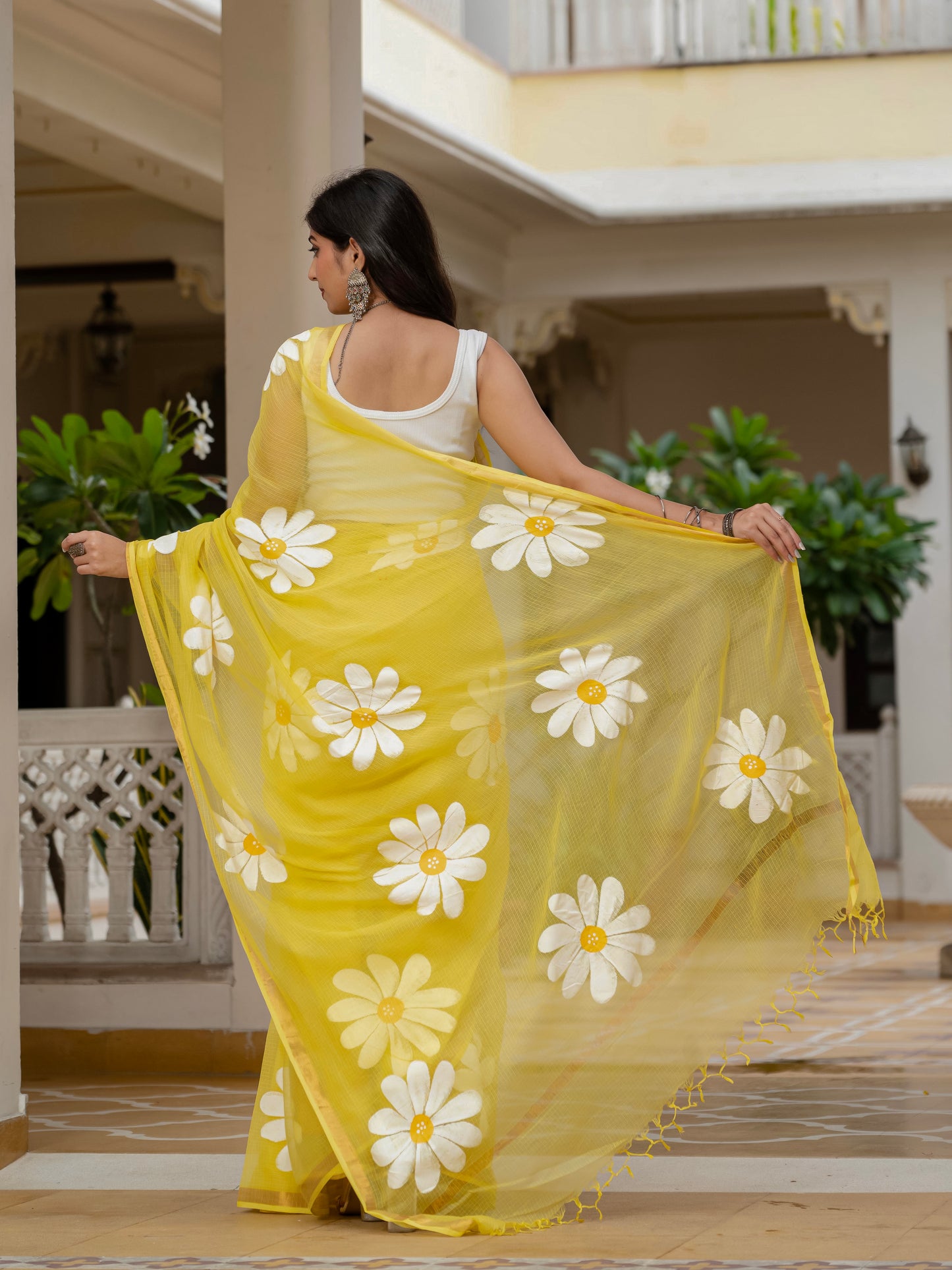 Yellow HandPainted pure Kota Doria saree