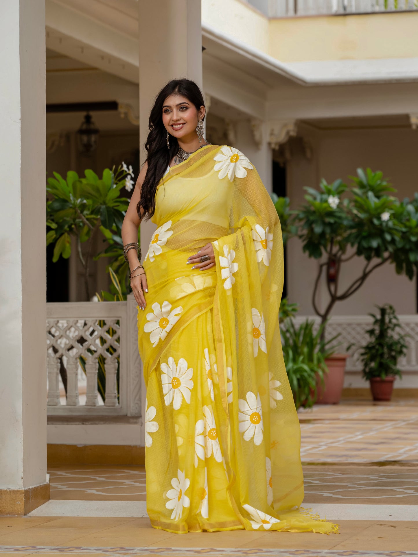 Yellow HandPainted pure Kota Doria saree