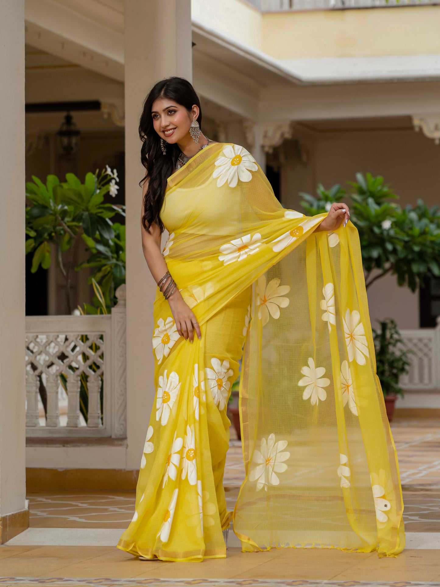 Yellow HandPainted pure Kota Doria saree
