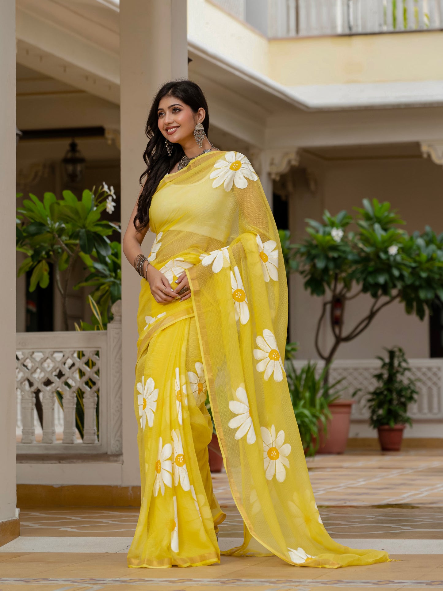 Yellow HandPainted pure Kota Doria saree