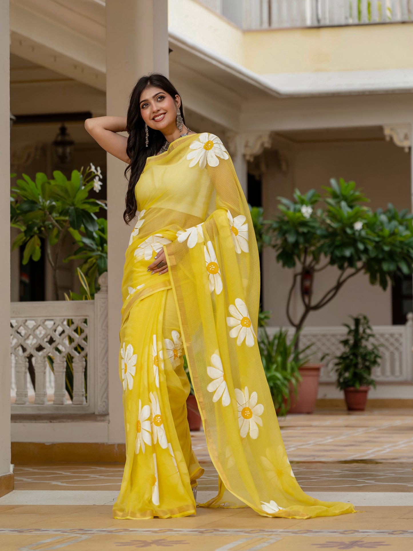 Yellow HandPainted pure Kota Doria saree