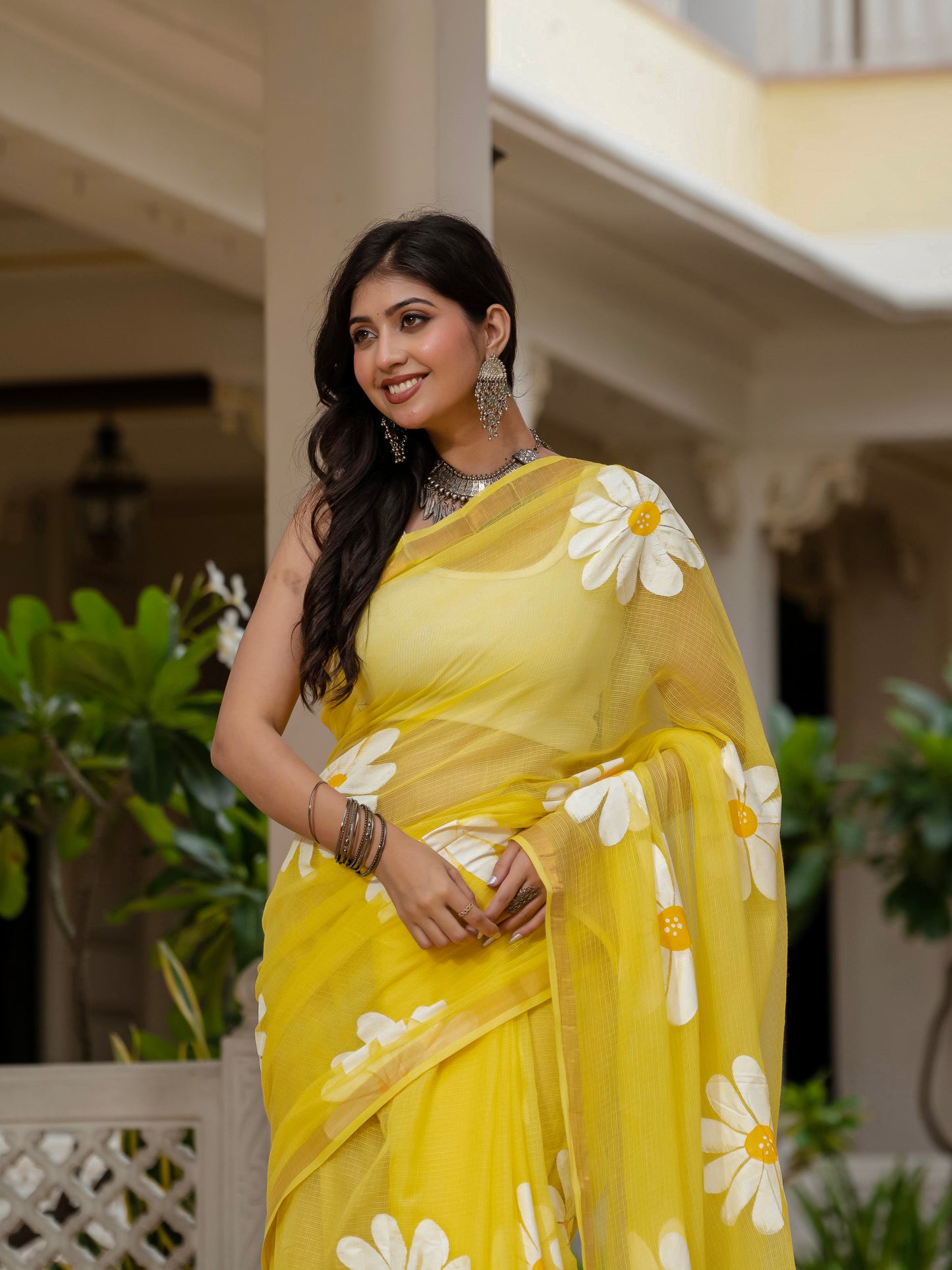 Yellow HandPainted pure Kota Doria saree