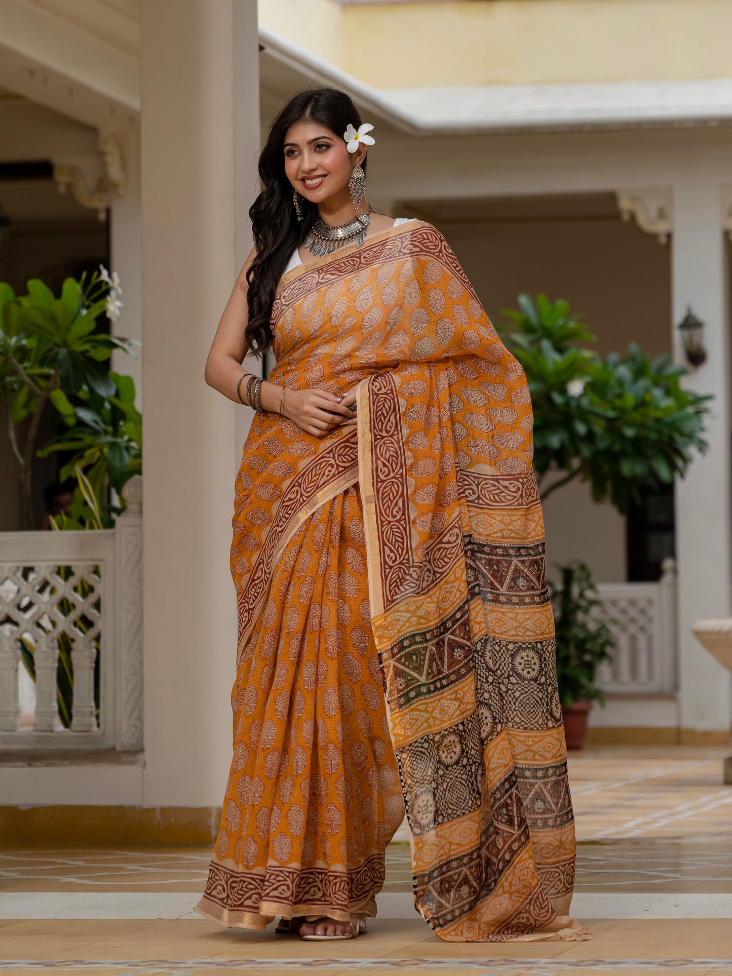 Yellow Bagh Printed Hand Block Kota Doria Saree
