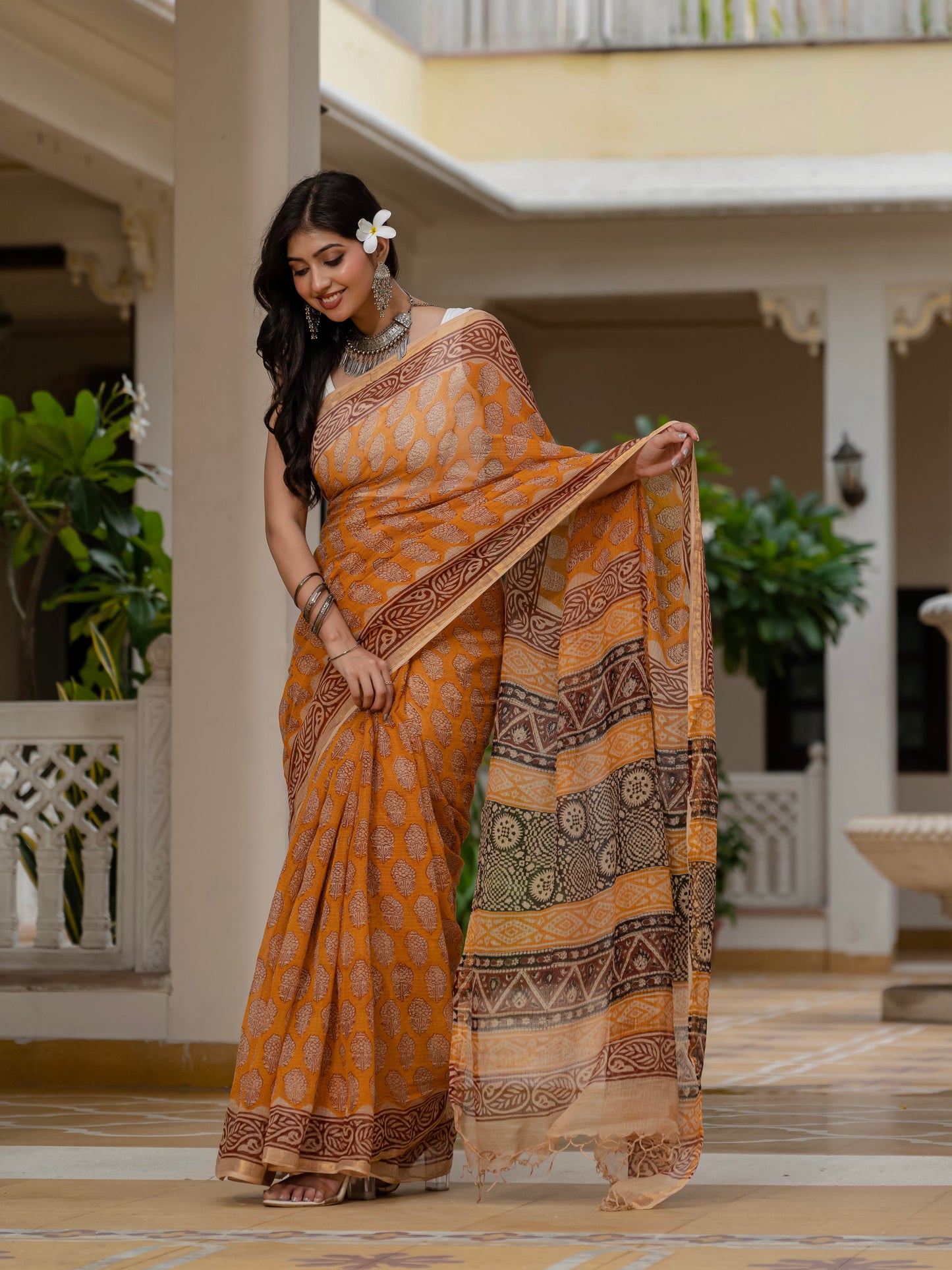 Yellow Bagh Printed Hand Block Kota Doria Saree