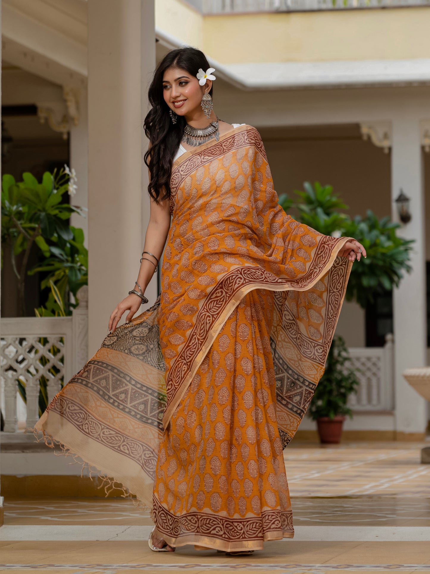 Yellow Bagh Printed Hand Block Kota Doria Saree