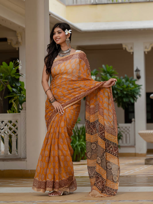 Yellow Bagh Printed Hand Block Kota Doria Saree