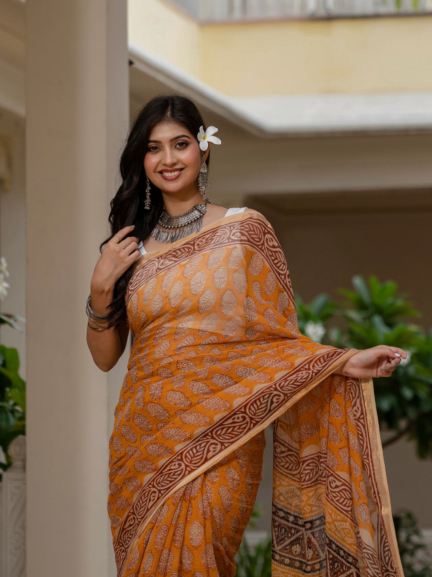 Yellow Bagh Printed Hand Block Kota Doria Saree