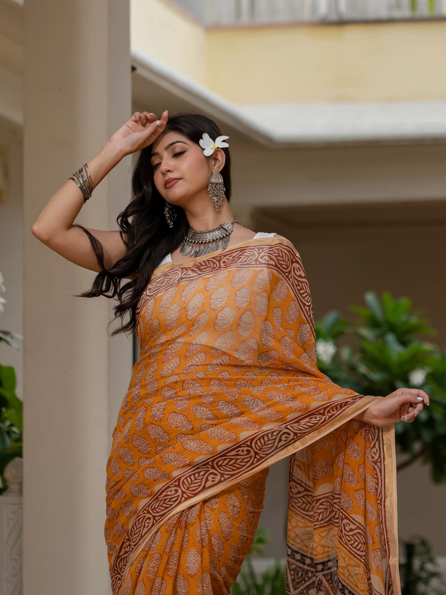 Yellow Bagh Printed Hand Block Kota Doria Saree