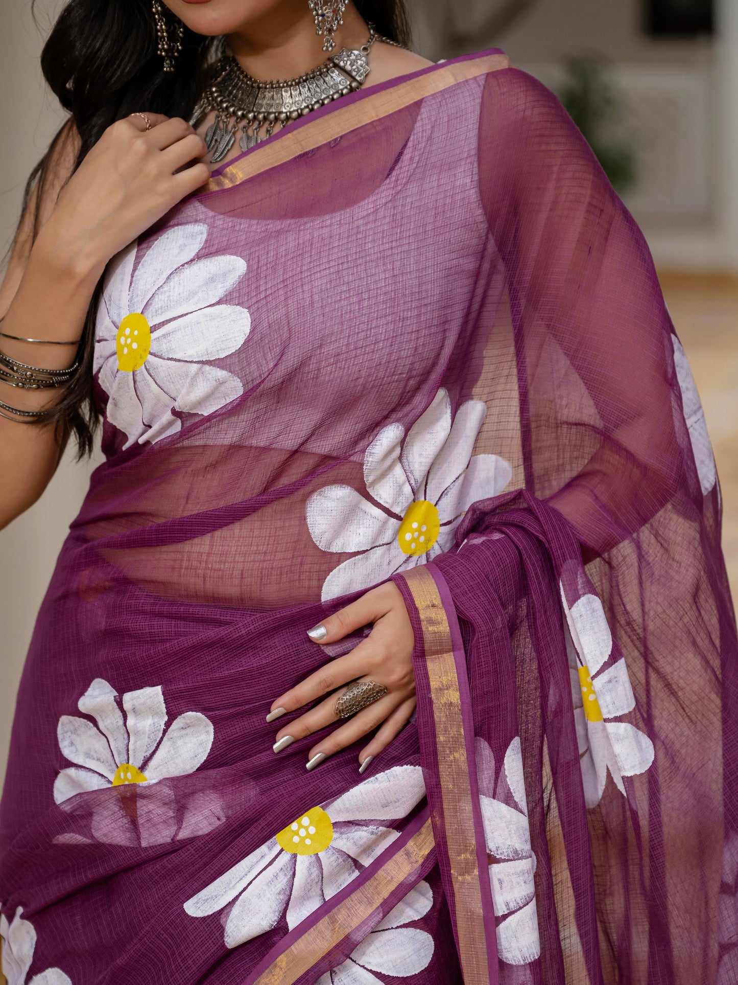 Wine HandPainted pure Kota Doria saree