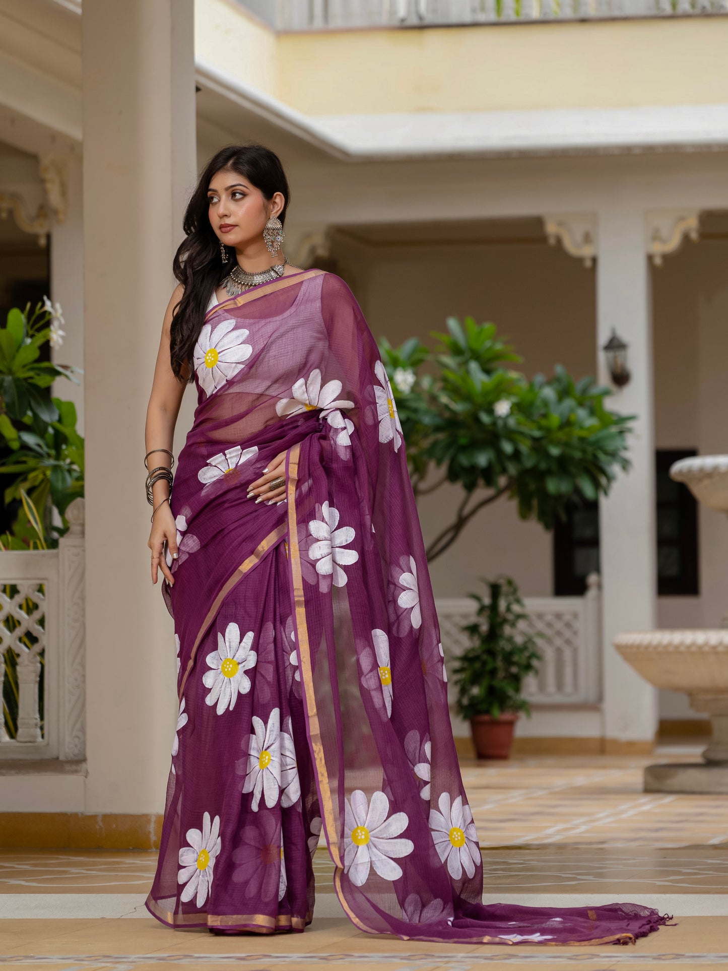 Wine HandPainted pure Kota Doria saree