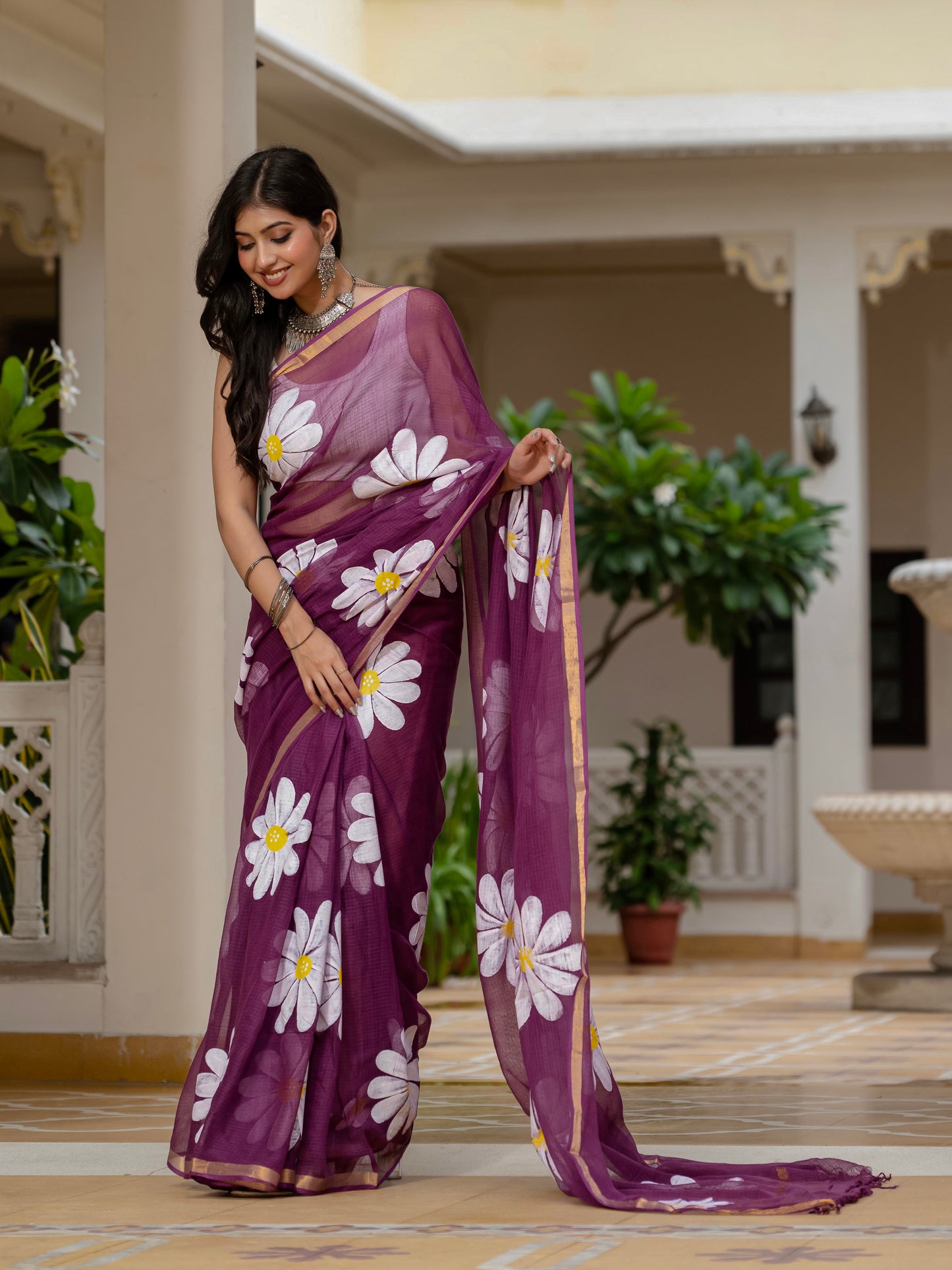 Wine HandPainted pure Kota Doria saree