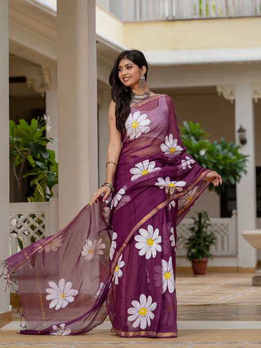 Wine HandPainted pure Kota Doria saree