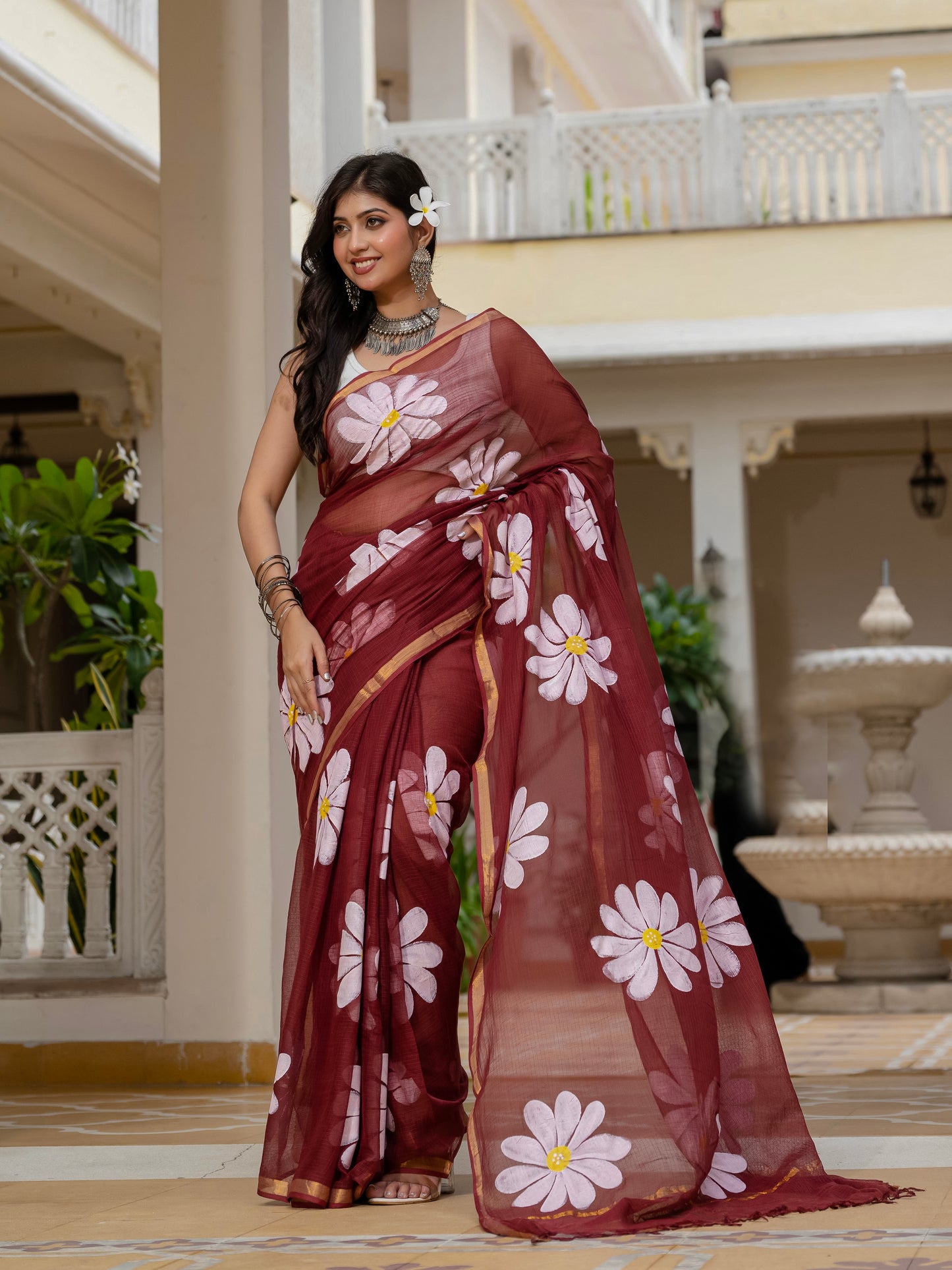 Maroon HandPainted pure Kota Doria saree