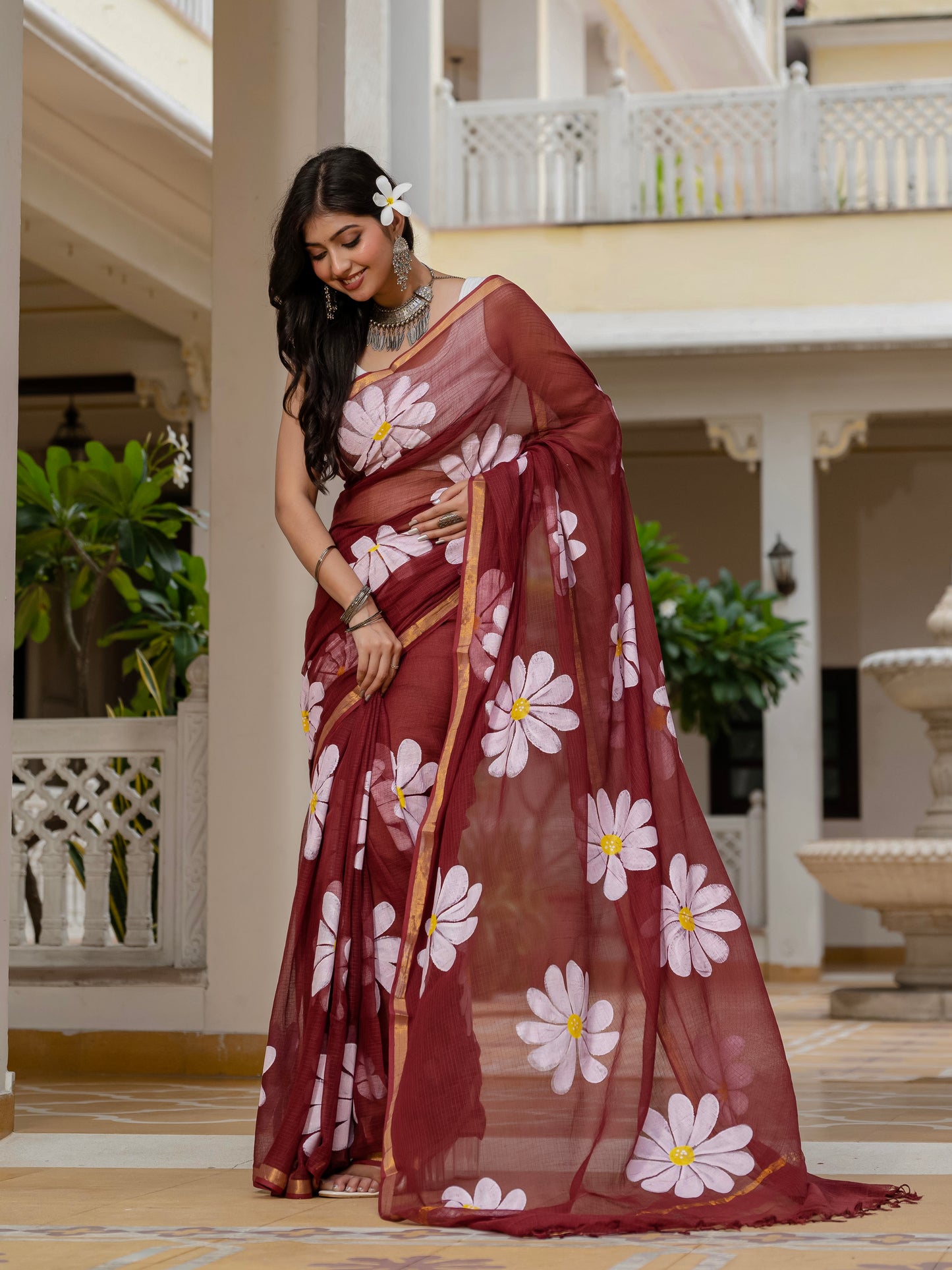 Maroon HandPainted pure Kota Doria saree
