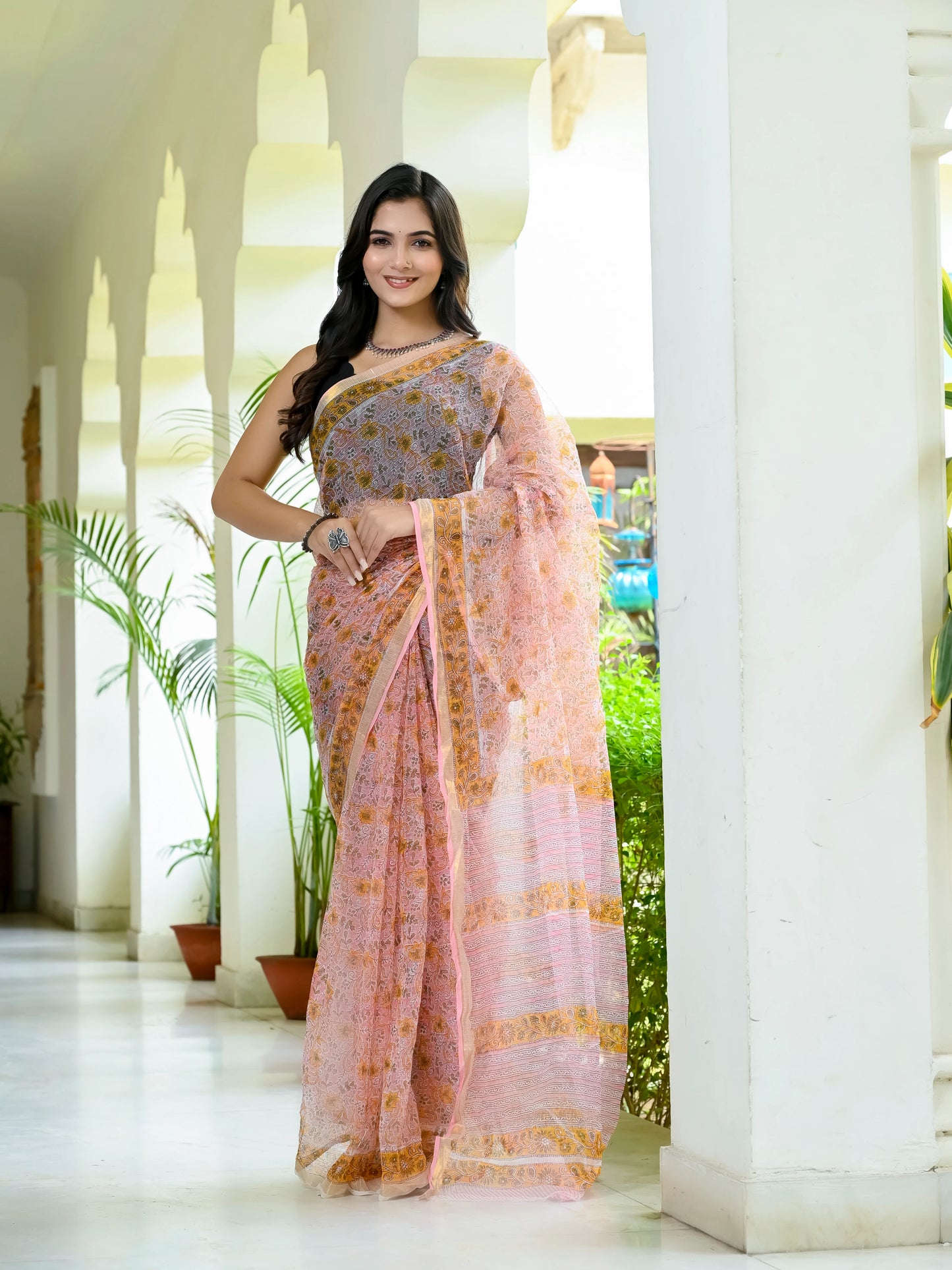 Baby Pink Floral Jaal Pure Hand Block printed Kota Doria saree