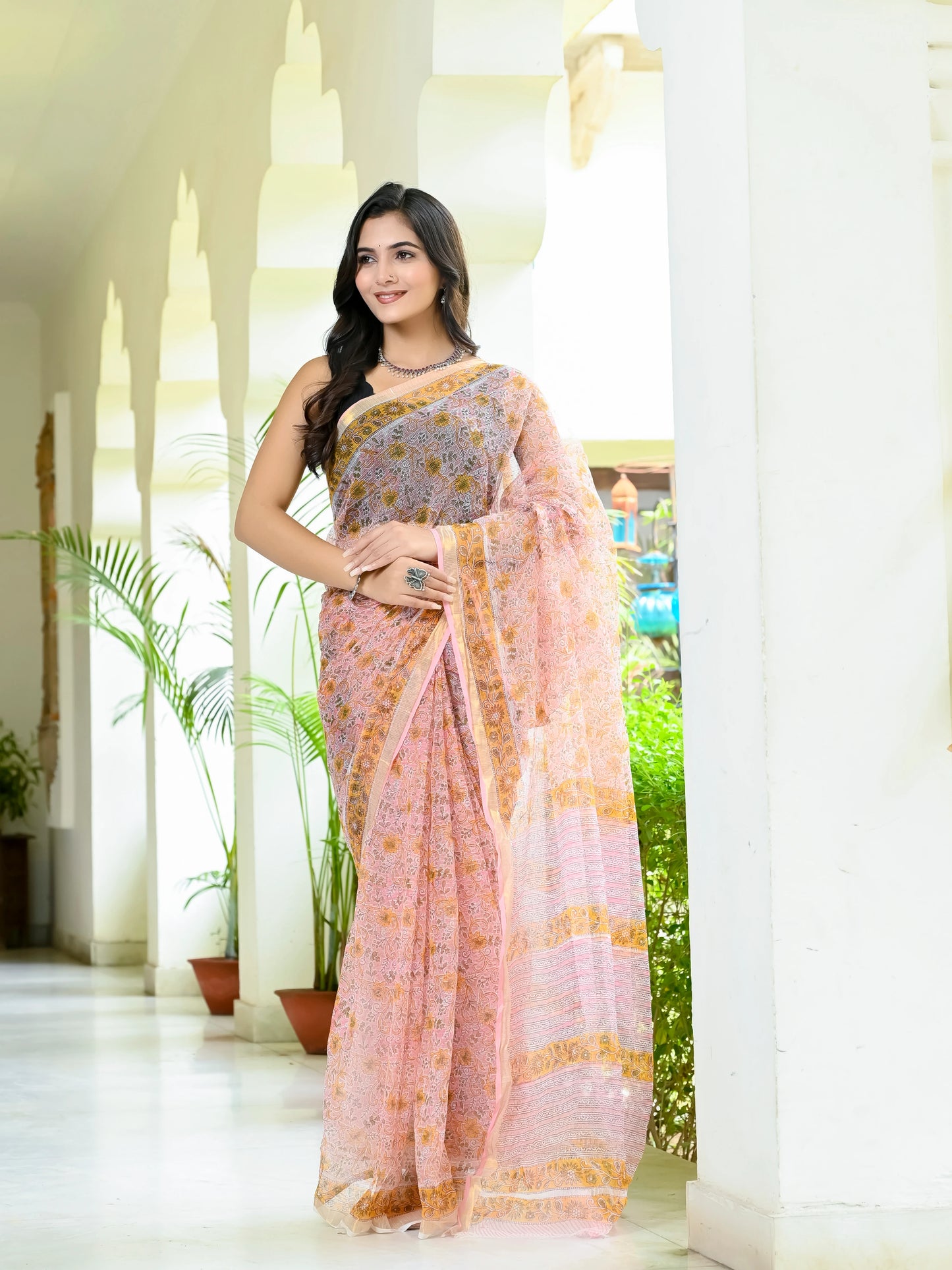 Baby Pink Floral Jaal Pure Hand Block printed Kota Doria saree