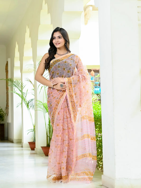 Baby Pink Floral Jaal Pure Hand Block printed Kota Doria saree