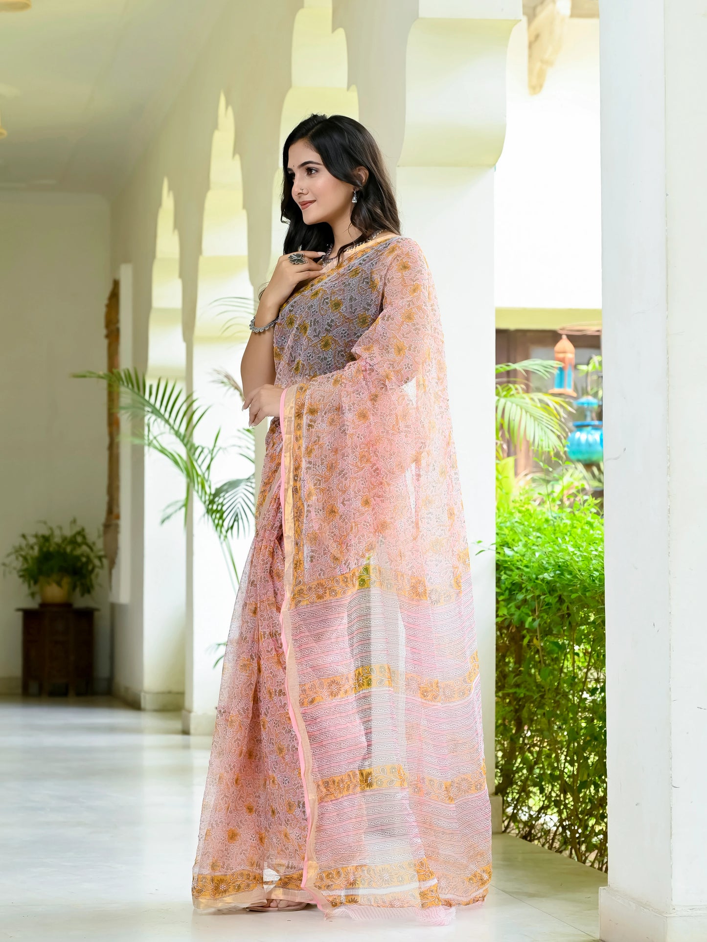 Baby Pink Floral Jaal Pure Hand Block printed Kota Doria saree