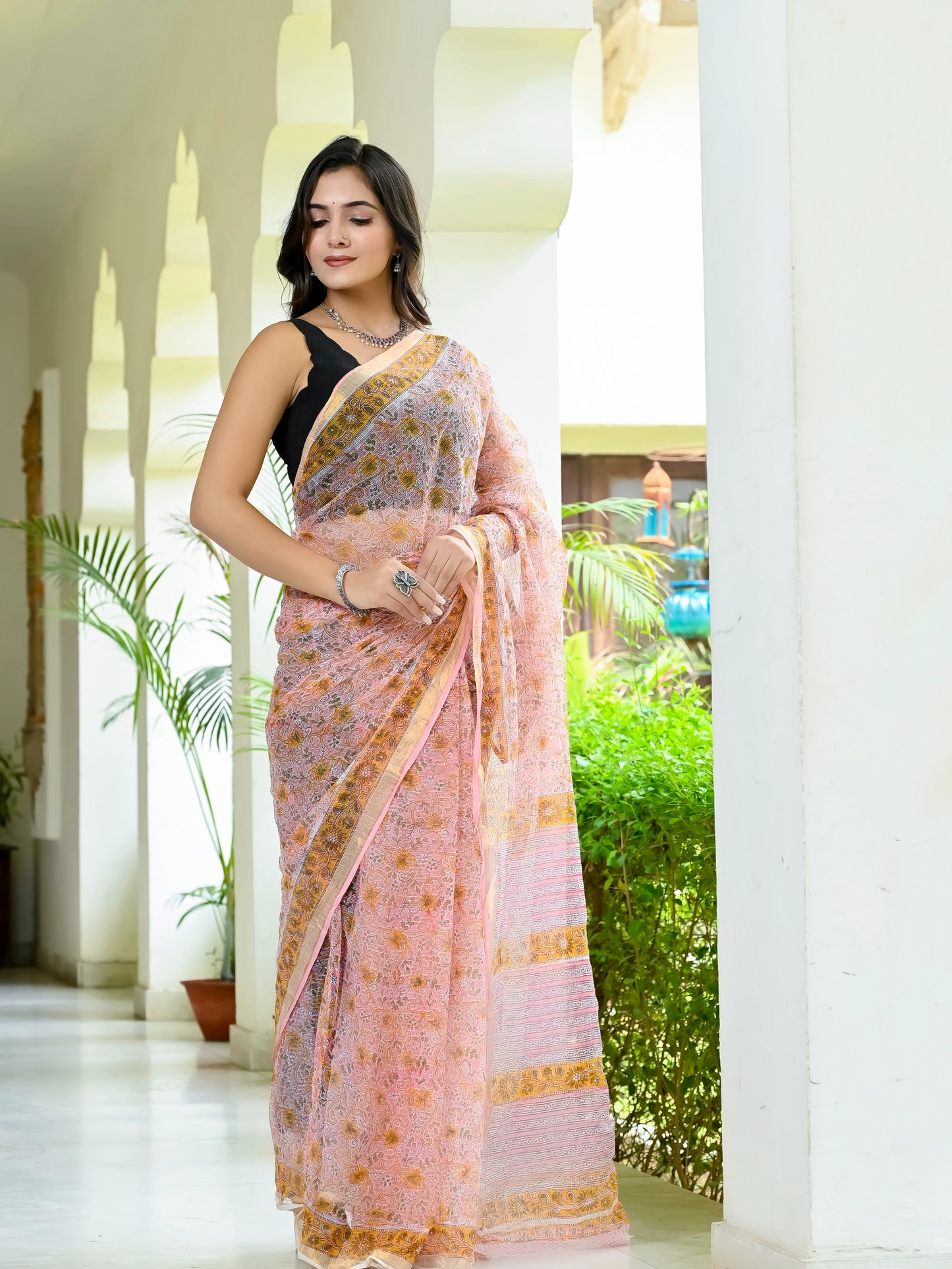 Baby Pink Floral Jaal Pure Hand Block printed Kota Doria saree