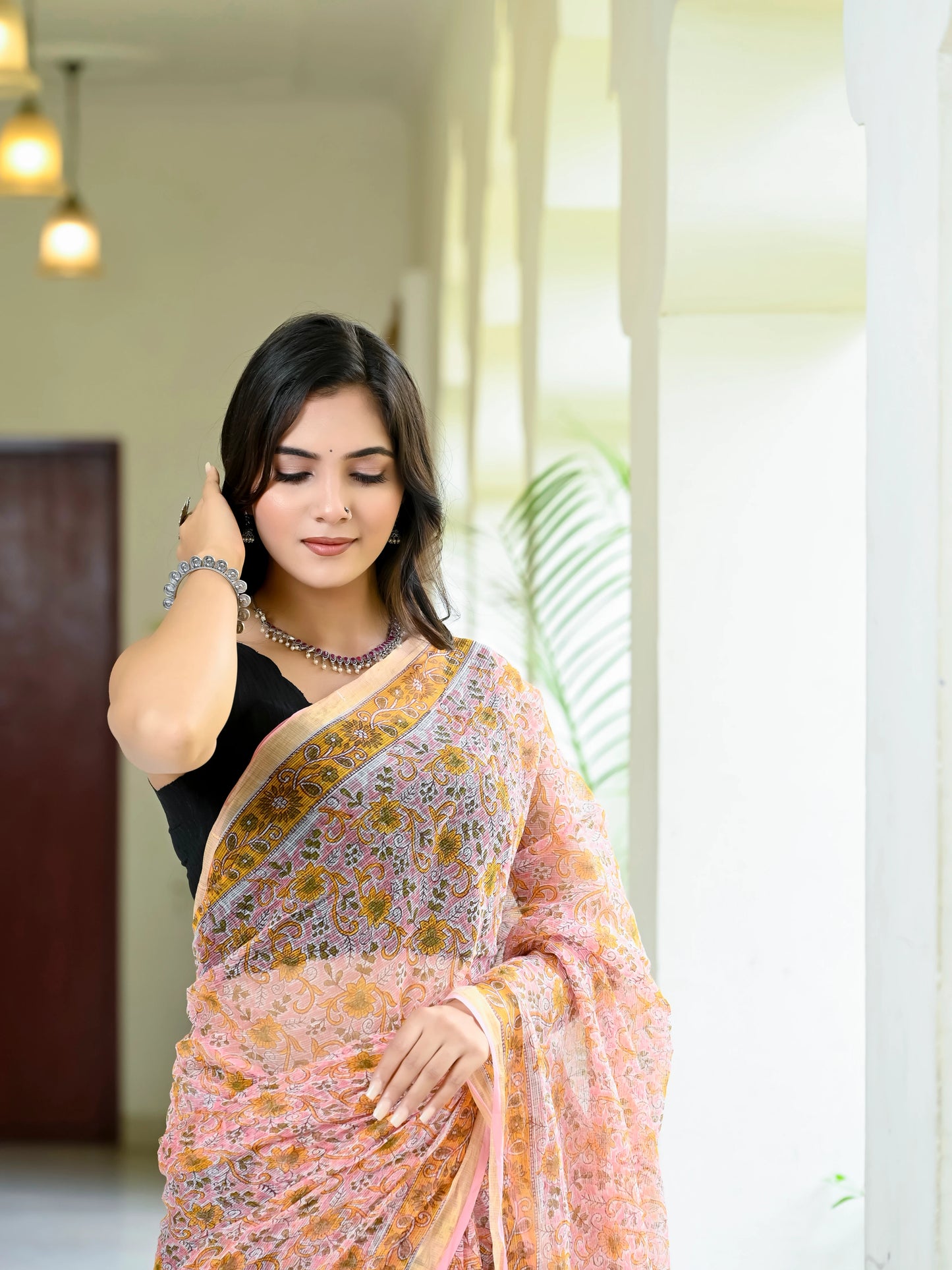 Baby Pink Floral Jaal Pure Hand Block printed Kota Doria saree