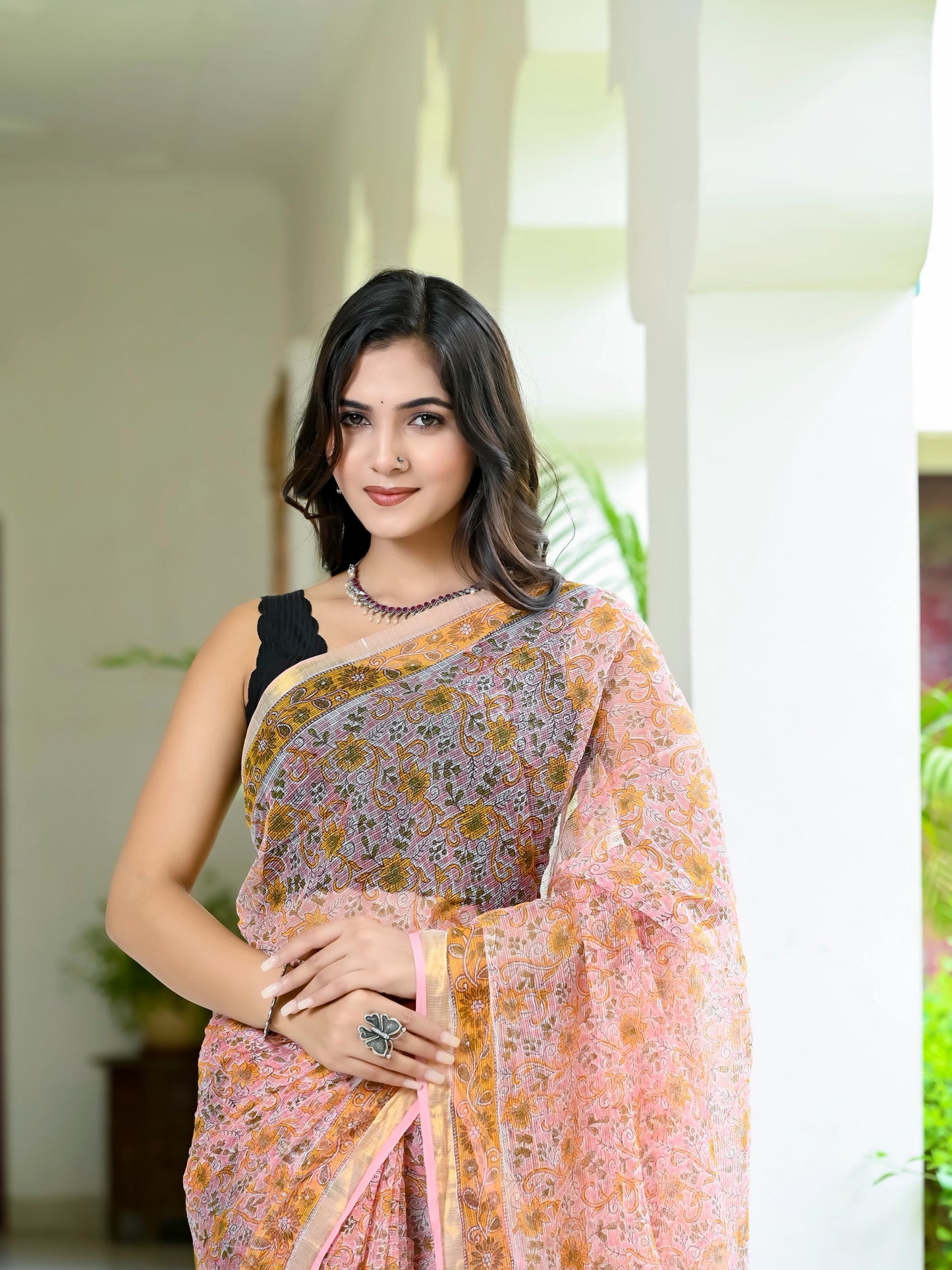 Baby Pink Floral Jaal Pure Hand Block printed Kota Doria saree