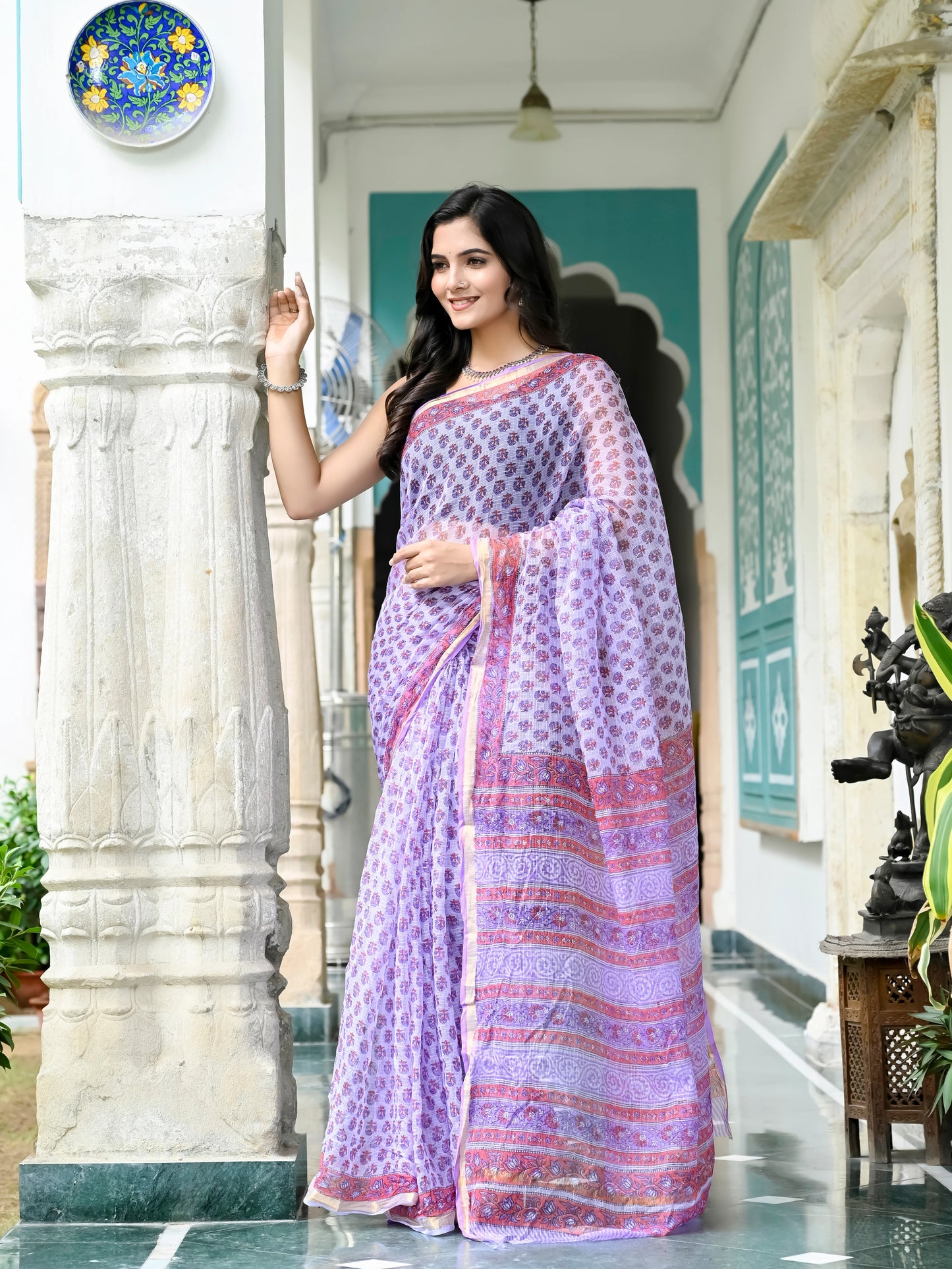 Purple Bootie Pure Hand Block printed Kota Doria saree