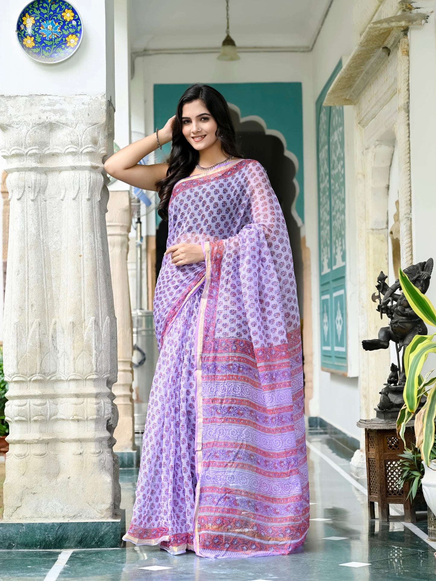 Purple Bootie Pure Hand Block printed Kota Doria saree