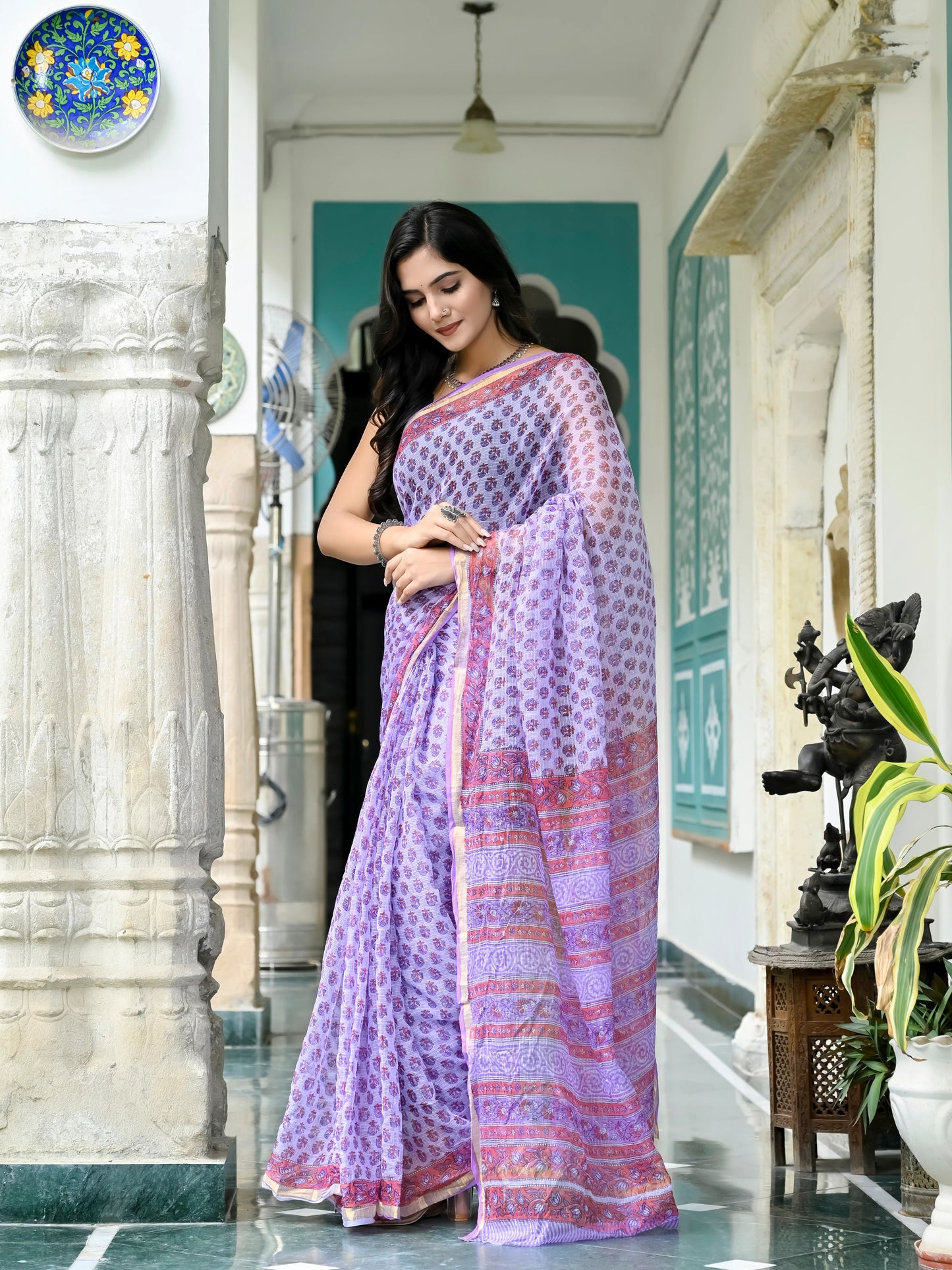 Purple Bootie Pure Hand Block printed Kota Doria saree