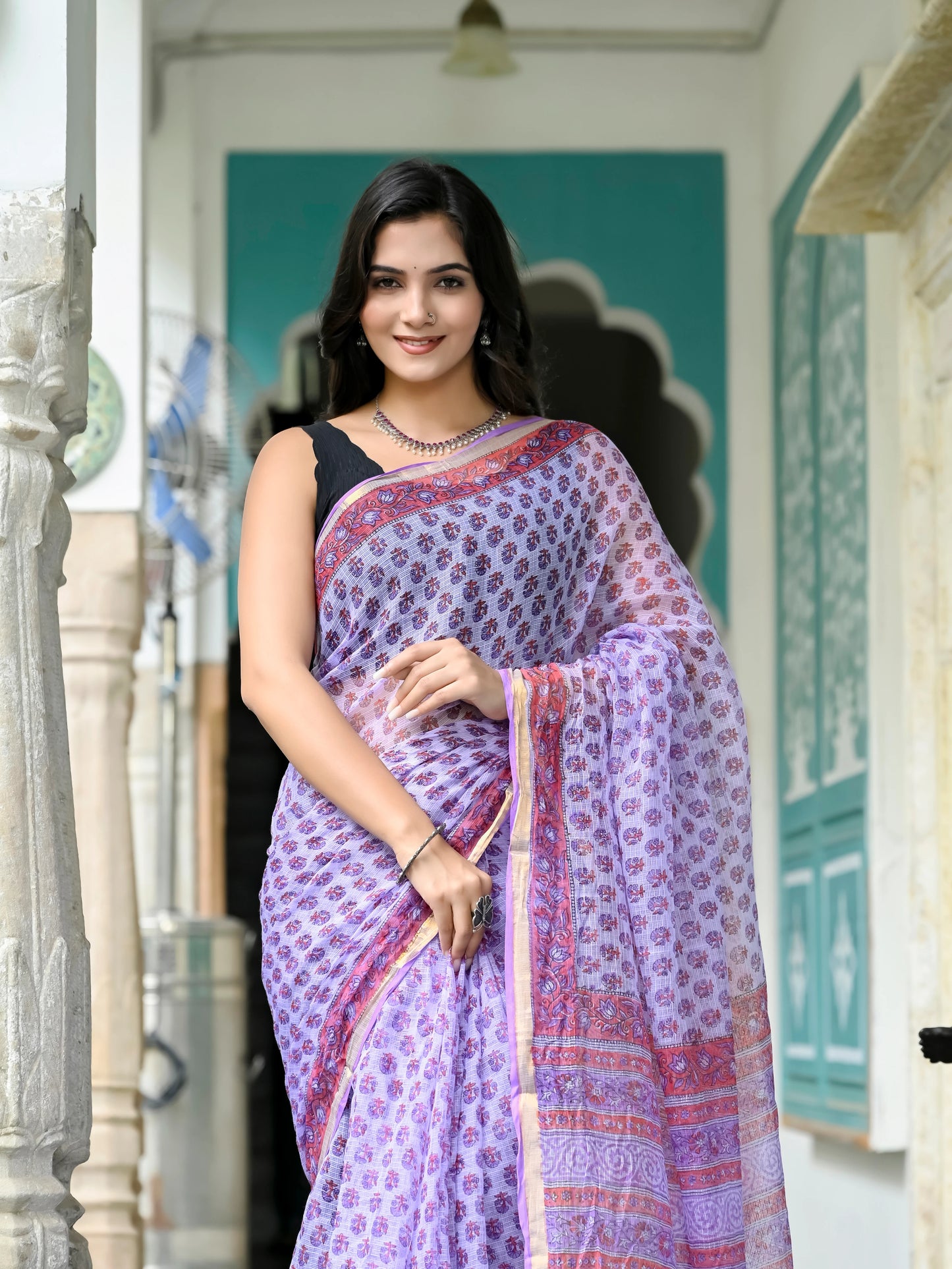 Purple Bootie Pure Hand Block printed Kota Doria saree