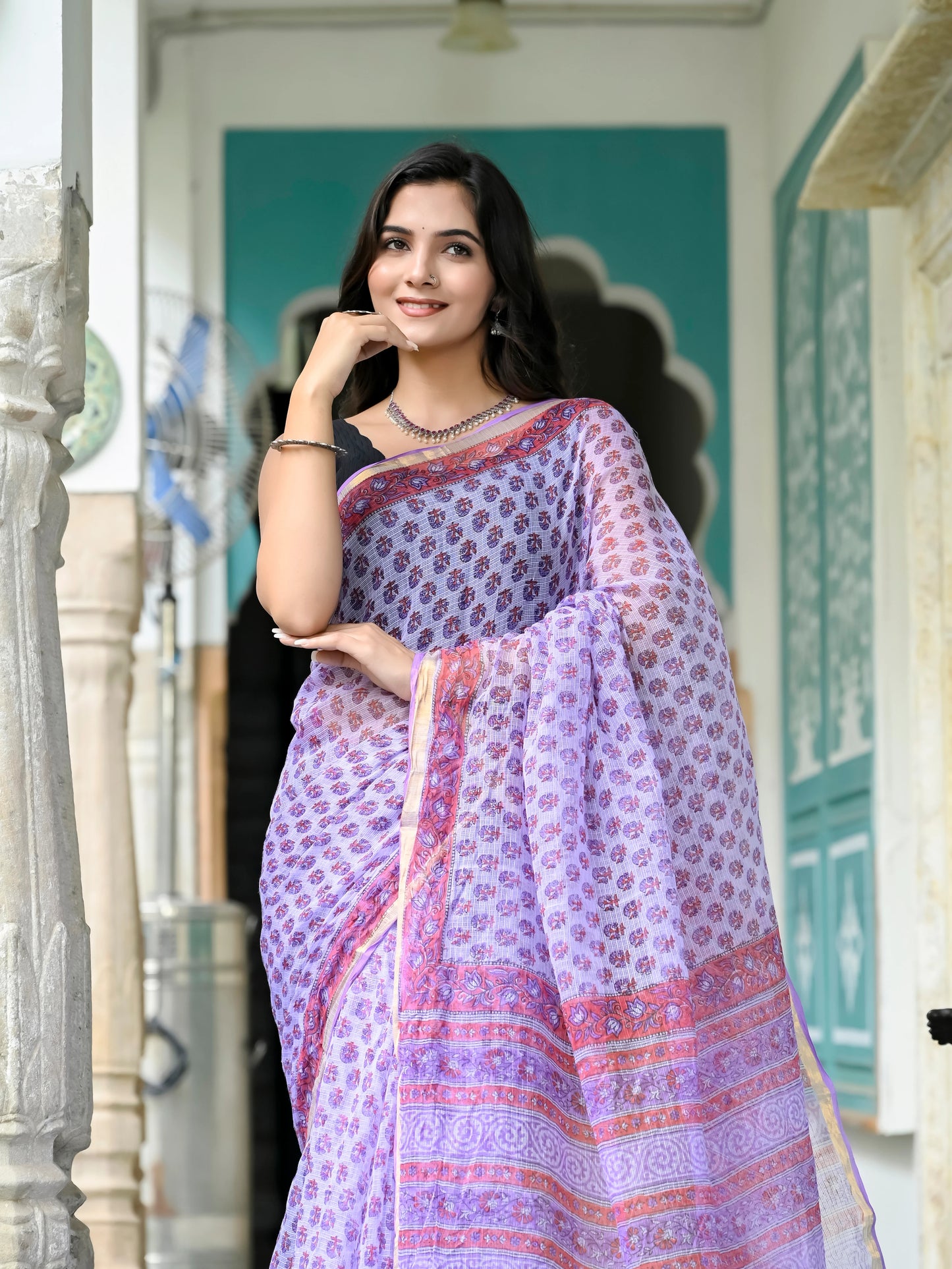 Purple Bootie Pure Hand Block printed Kota Doria saree