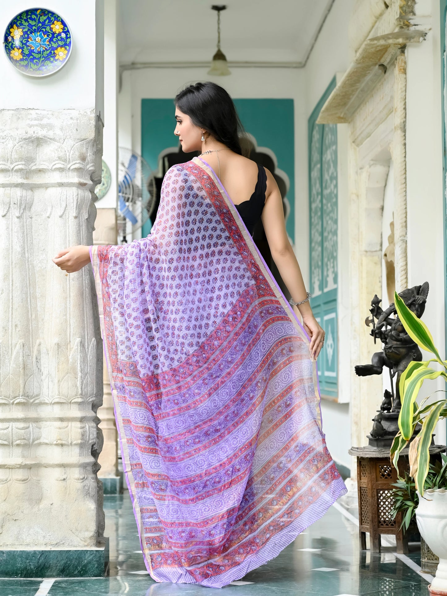 Purple Bootie Pure Hand Block printed Kota Doria saree