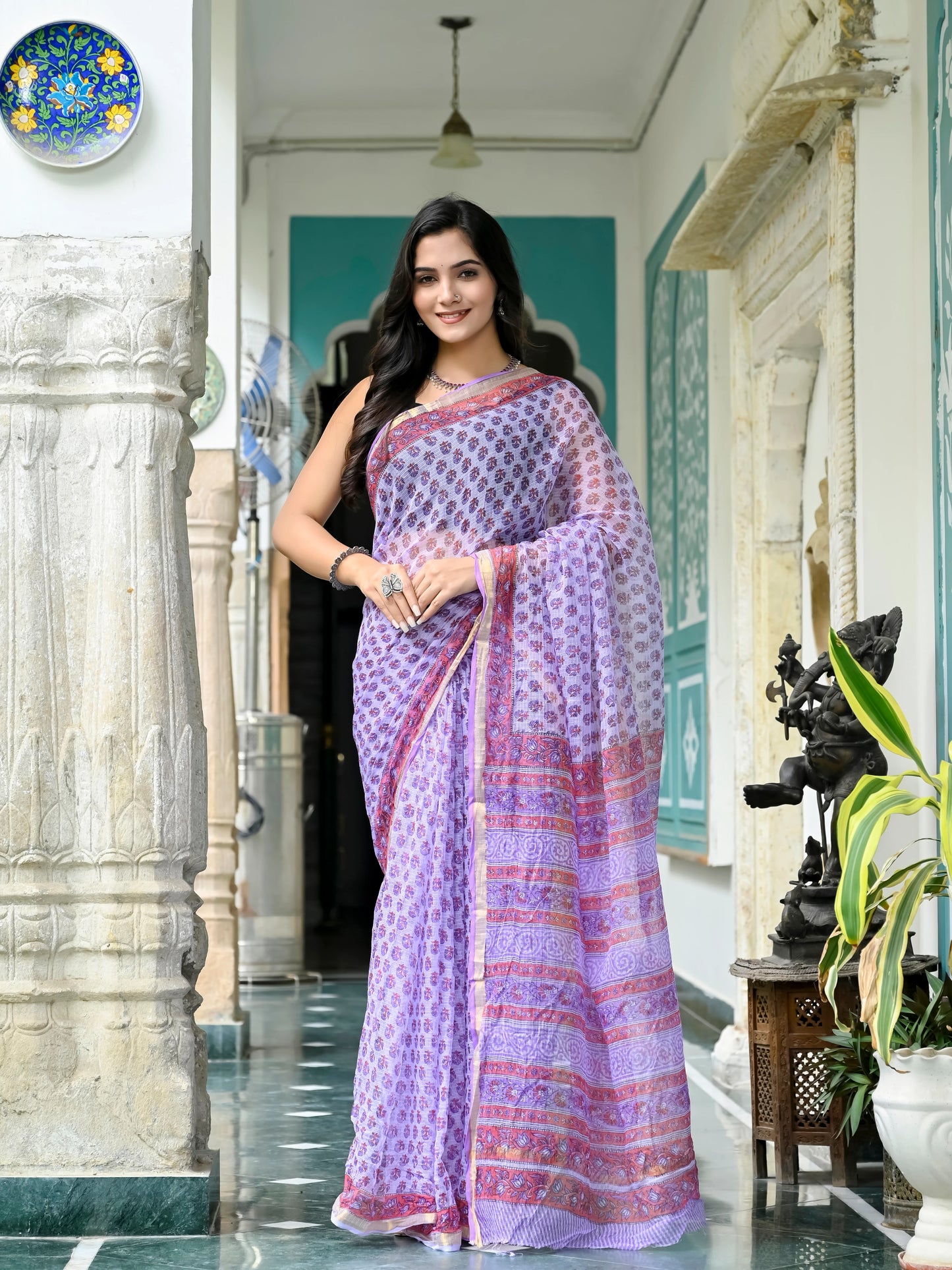 Purple Bootie Pure Hand Block printed Kota Doria saree