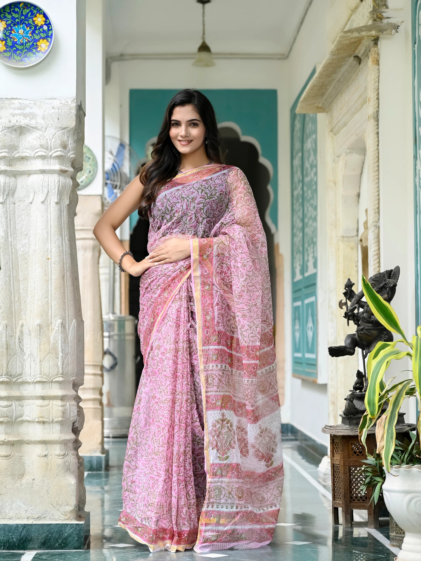 Pink Floral Jaal pure hand block print kota doria saree
