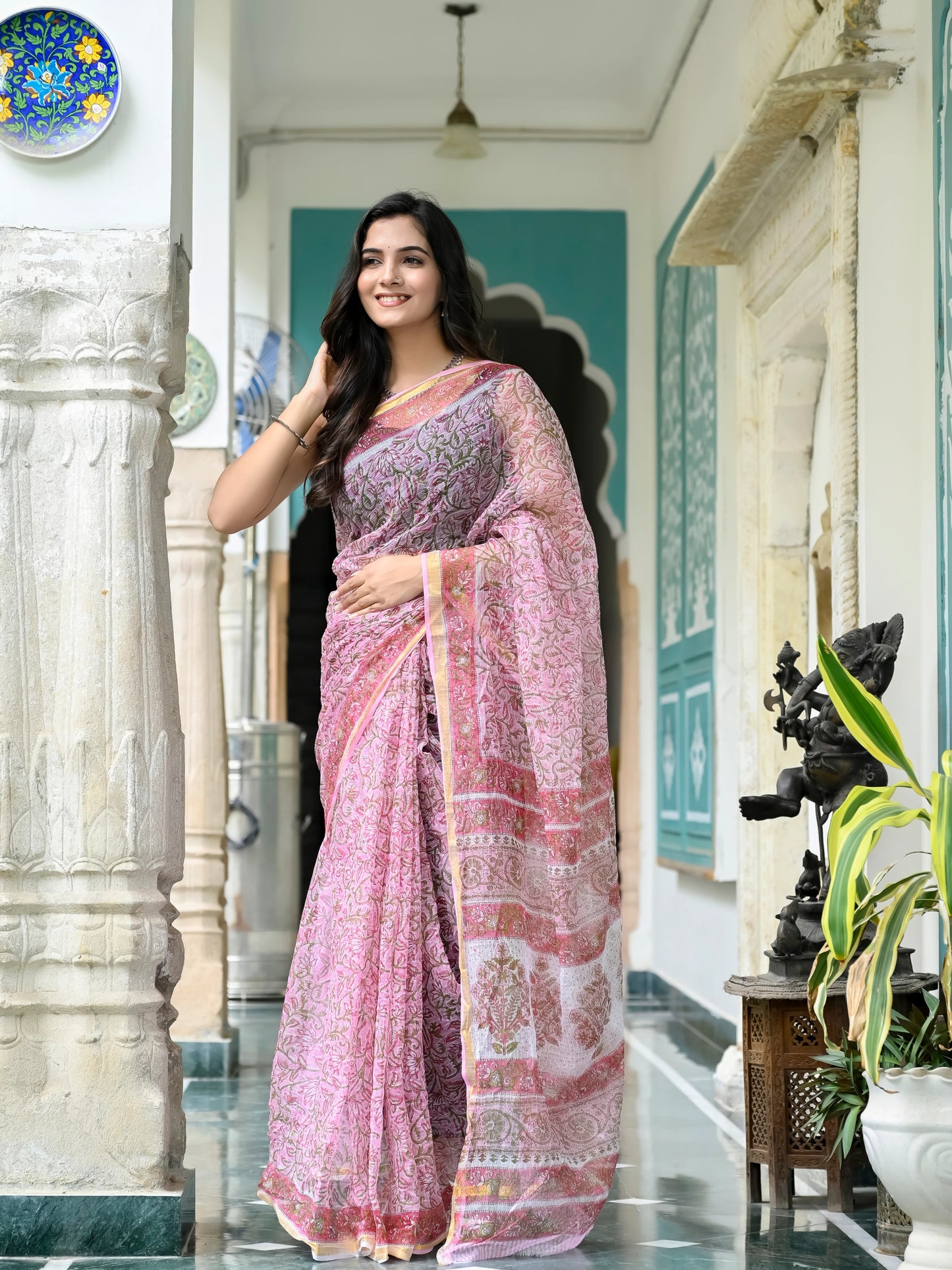 Pink Floral Jaal pure hand block print kota doria saree