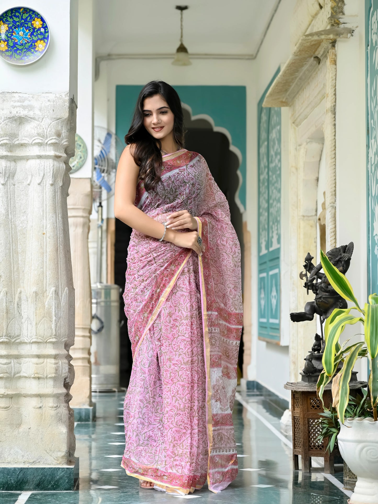 Pink Floral Jaal pure hand block print kota doria saree