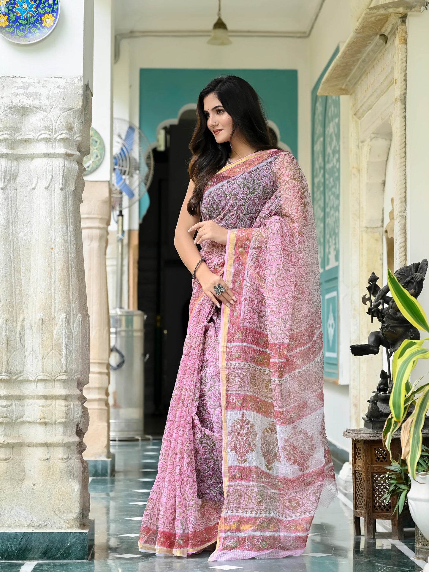 Pink Floral Jaal pure hand block print kota doria saree