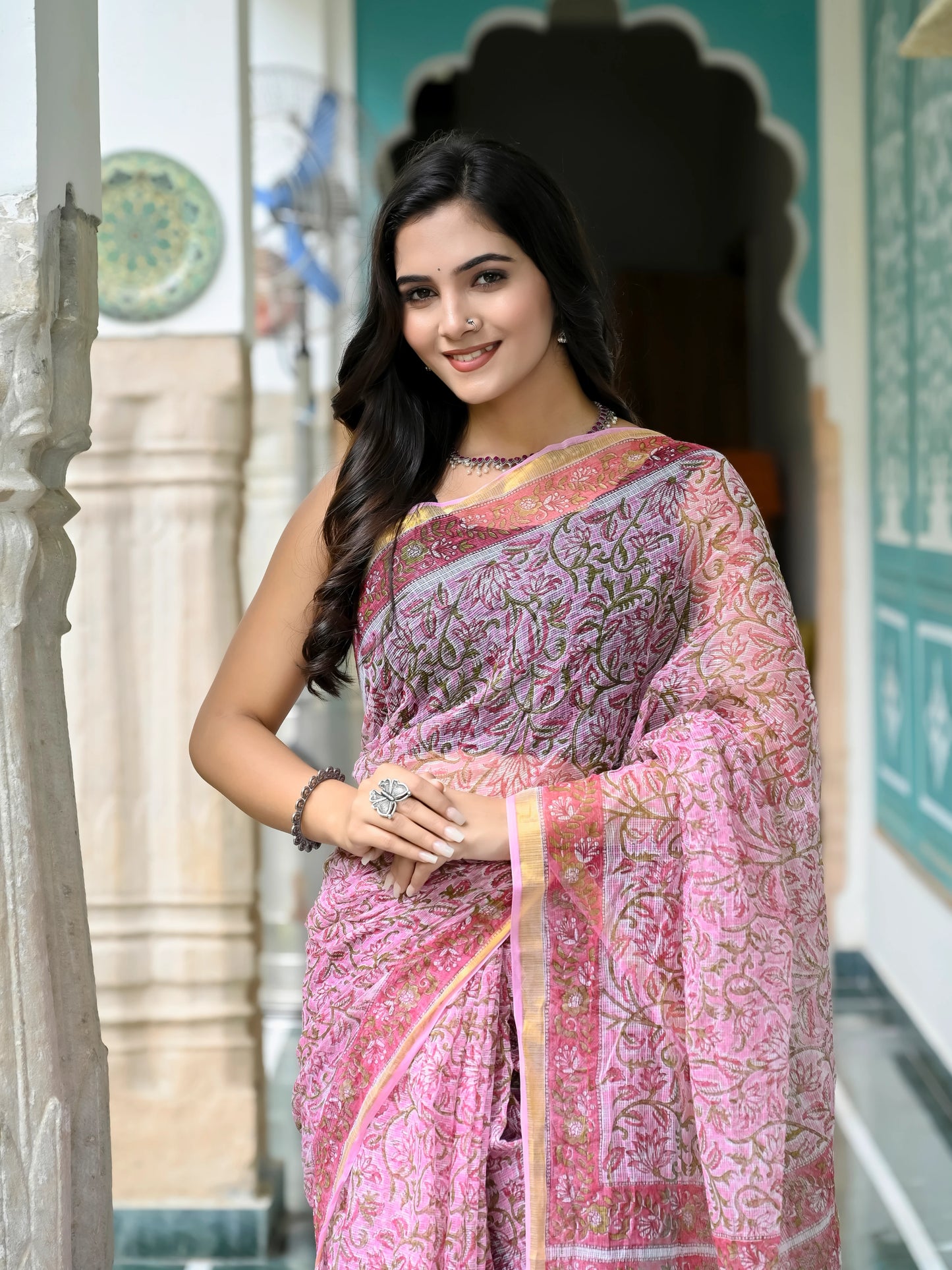 Pink Floral Jaal pure hand block print kota doria saree