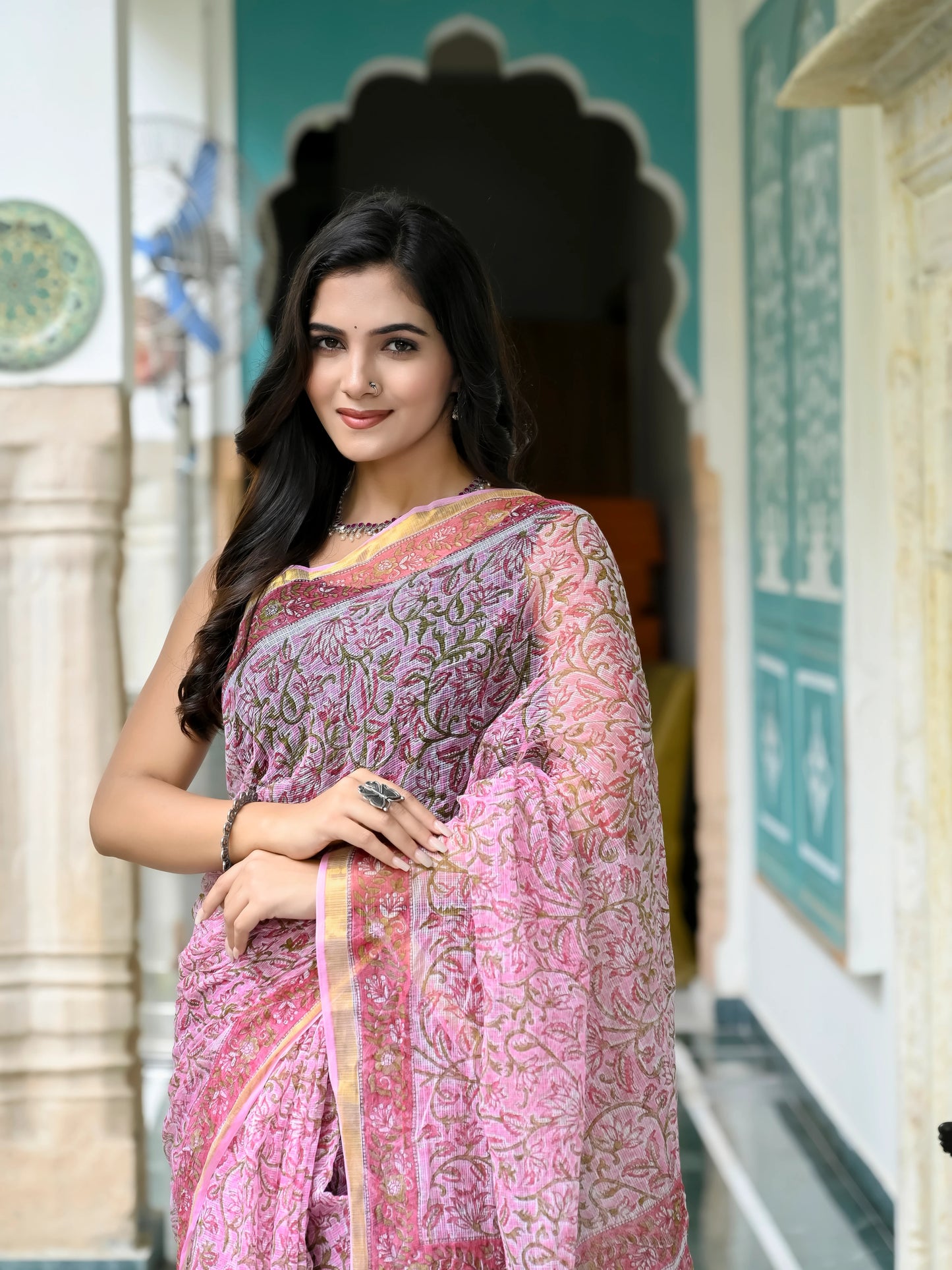 Pink Floral Jaal pure hand block print kota doria saree