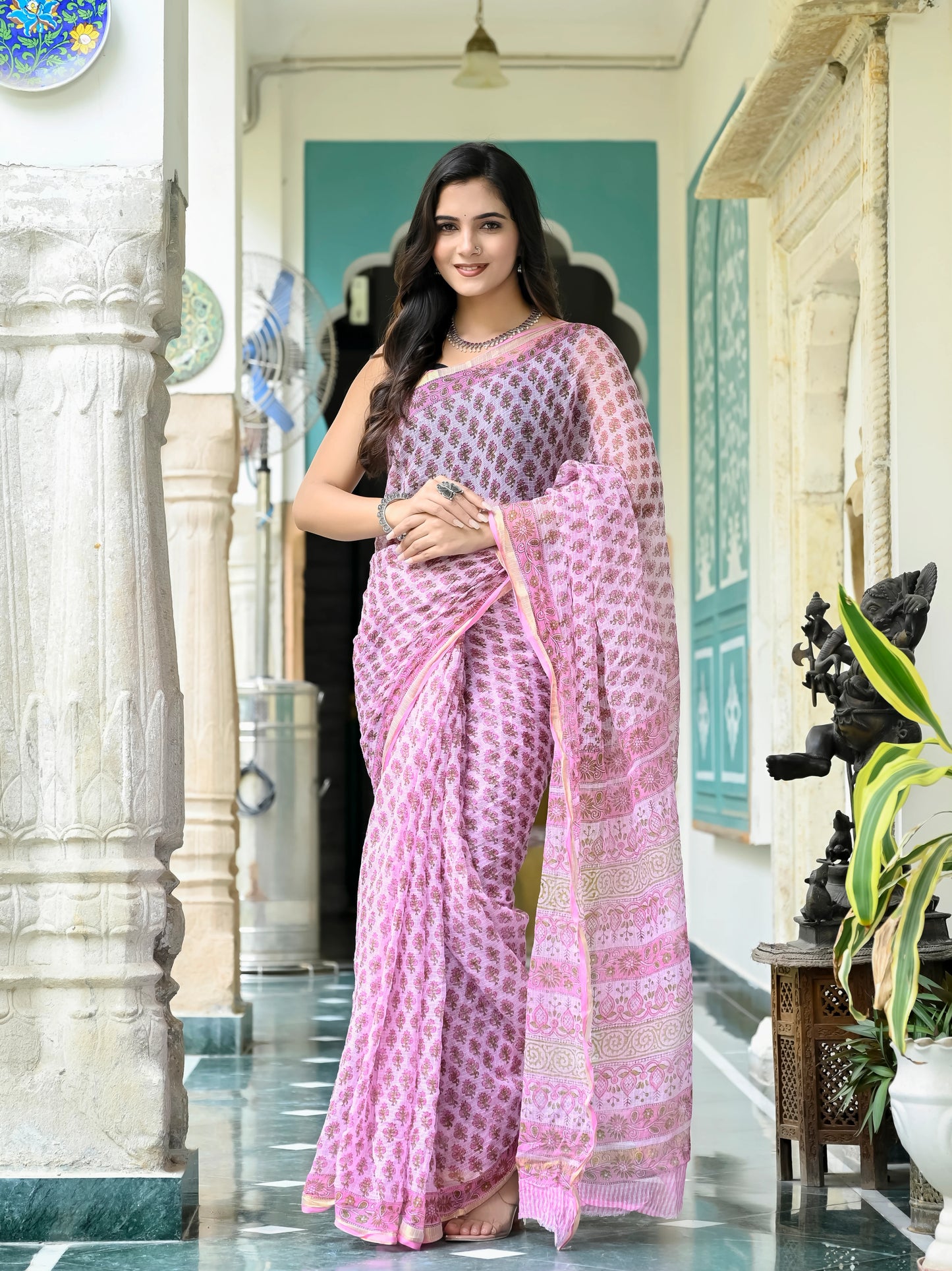 Pink Booti Pure Hand Block Print Kota doria saree