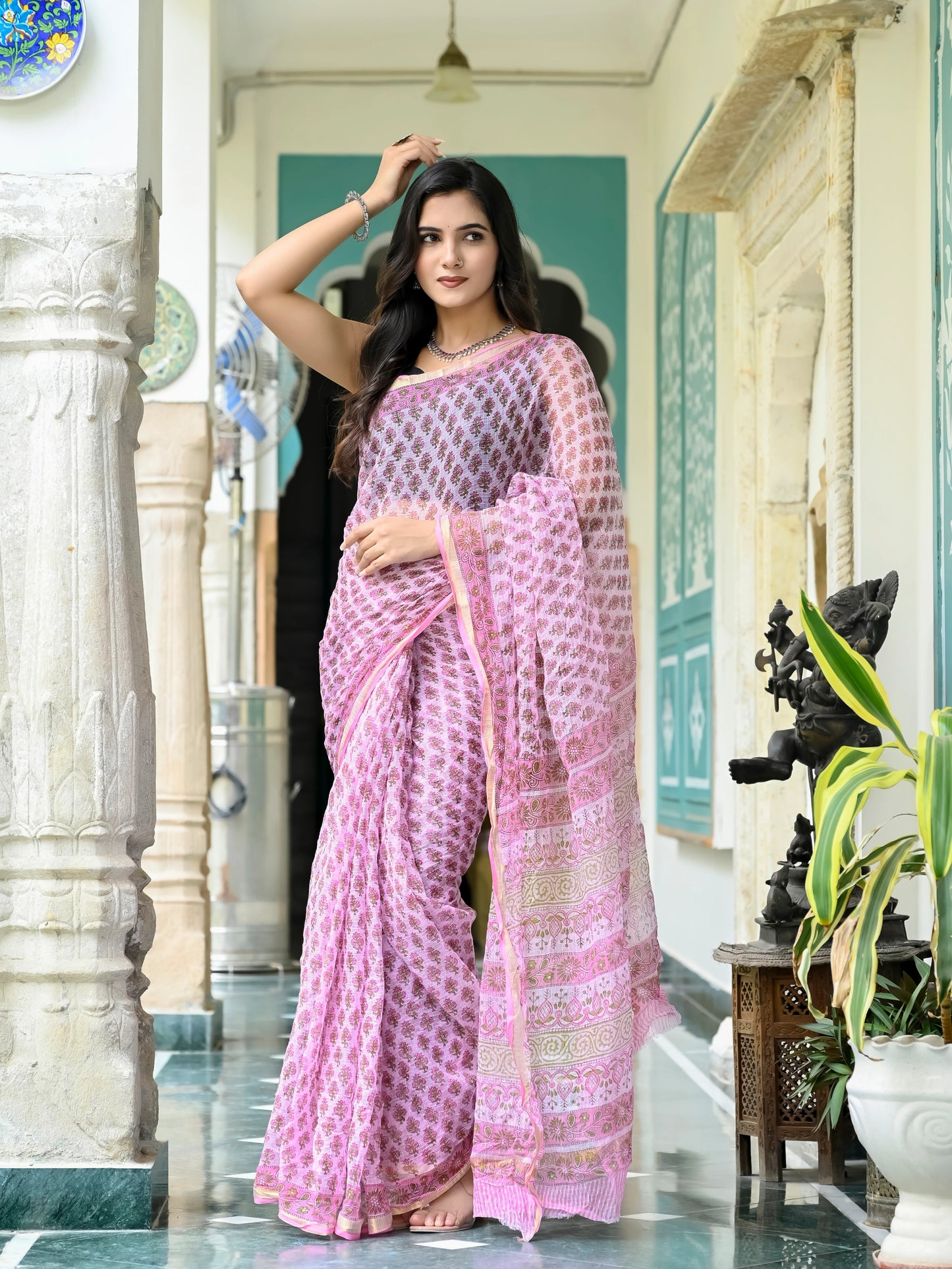 Pink Booti Pure Hand Block Print Kota doria saree