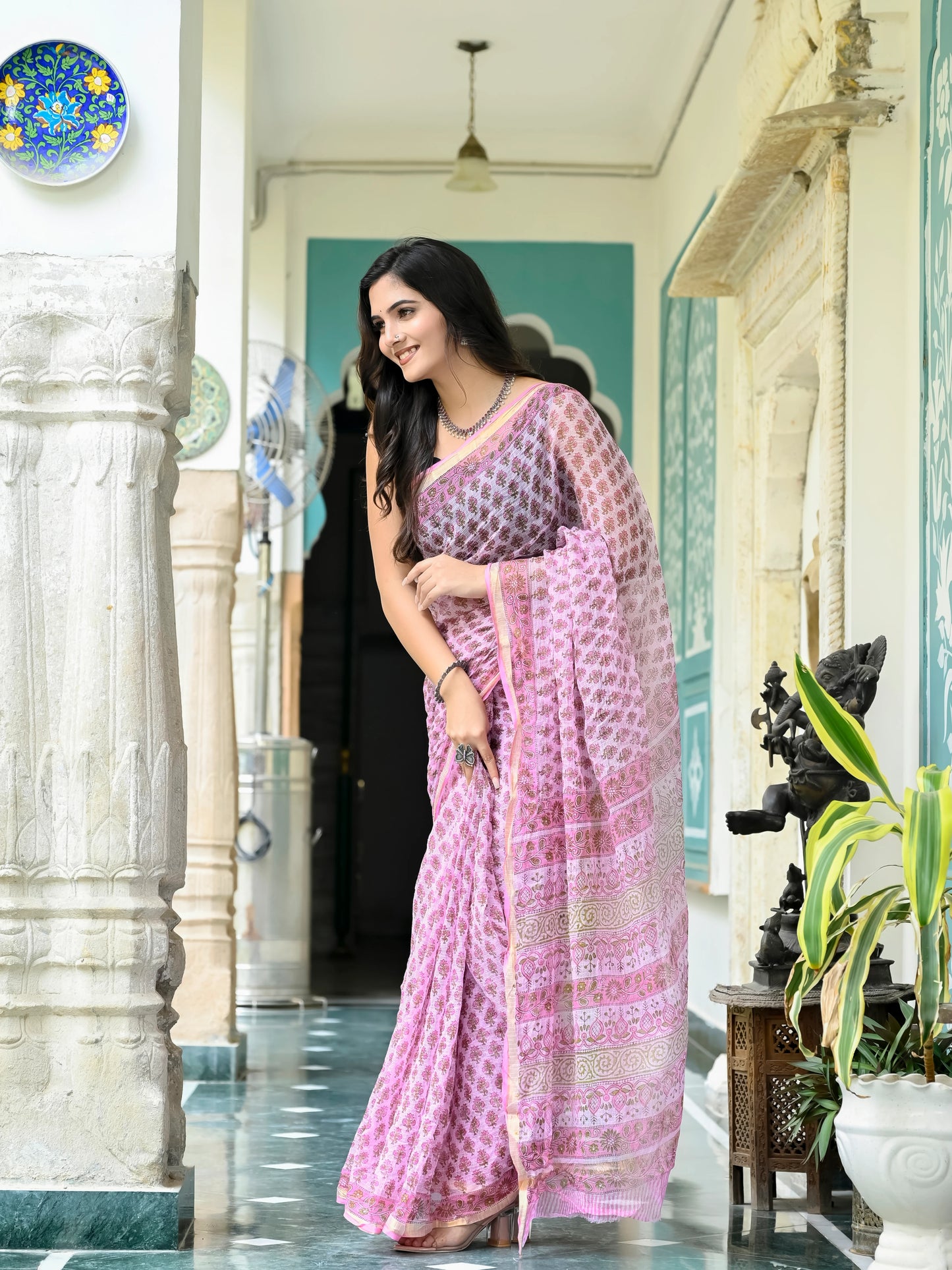 Pink Booti Pure Hand Block Print Kota doria saree
