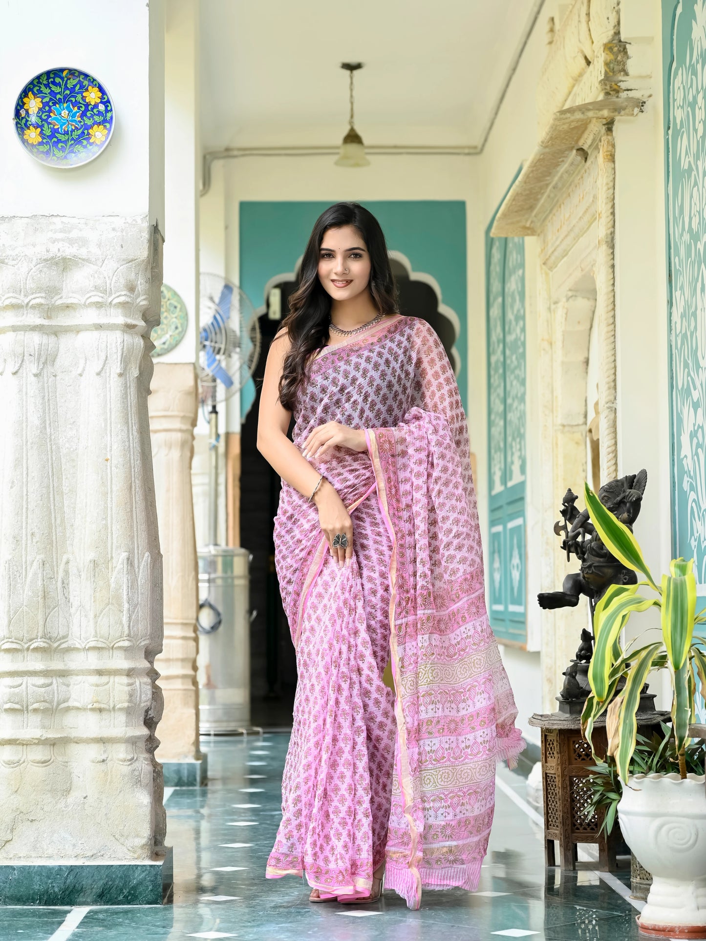 Pink Booti Pure Hand Block Print Kota doria saree