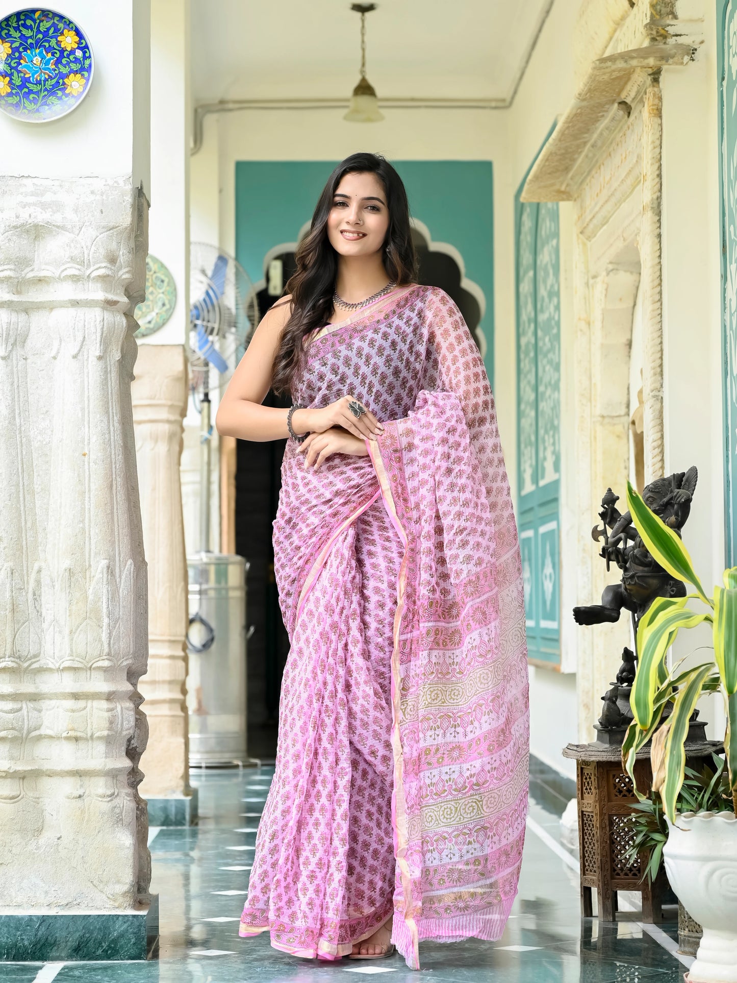 Pink Booti Pure Hand Block Print Kota doria saree
