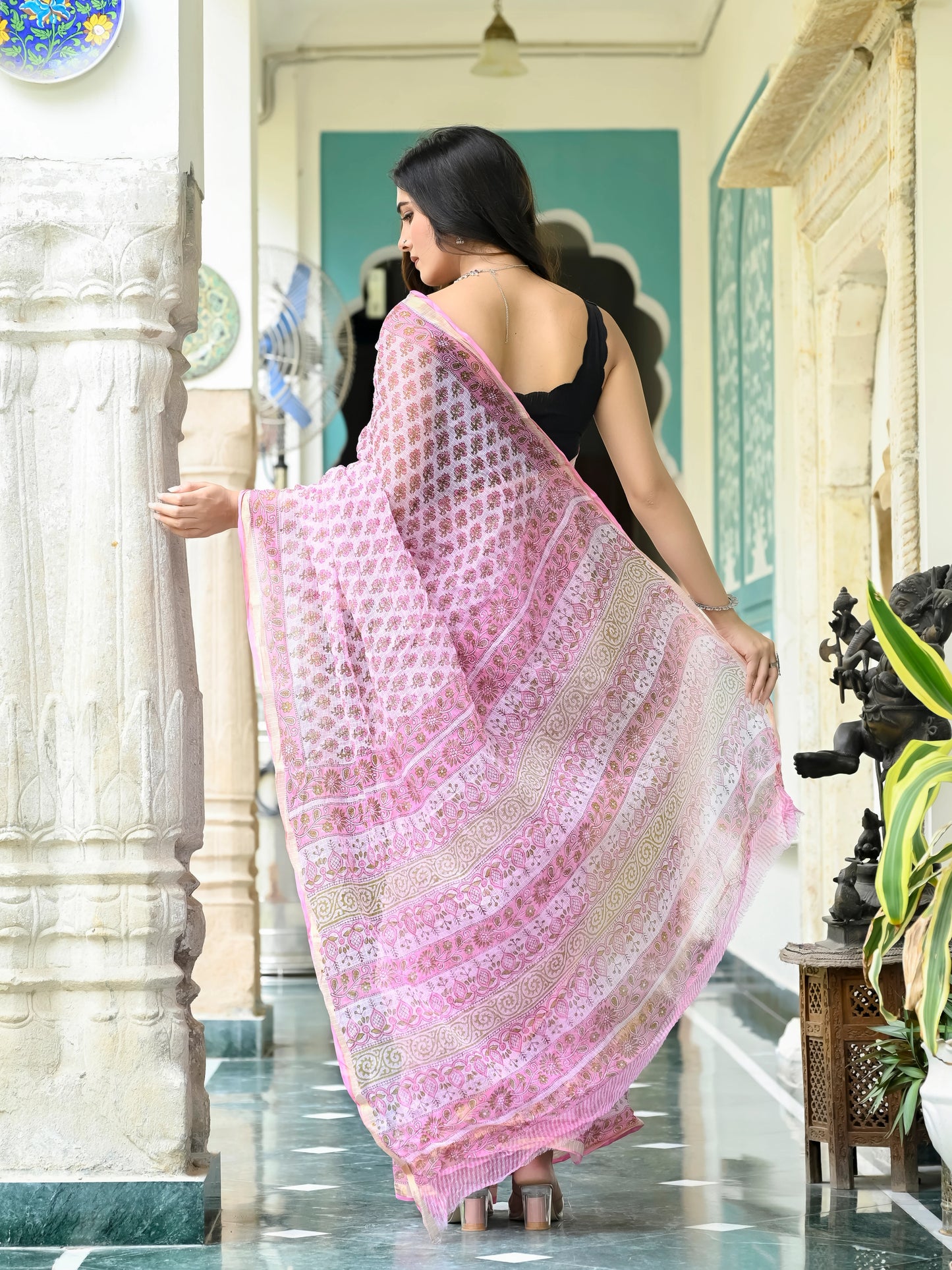 Pink Booti Pure Hand Block Print Kota doria saree