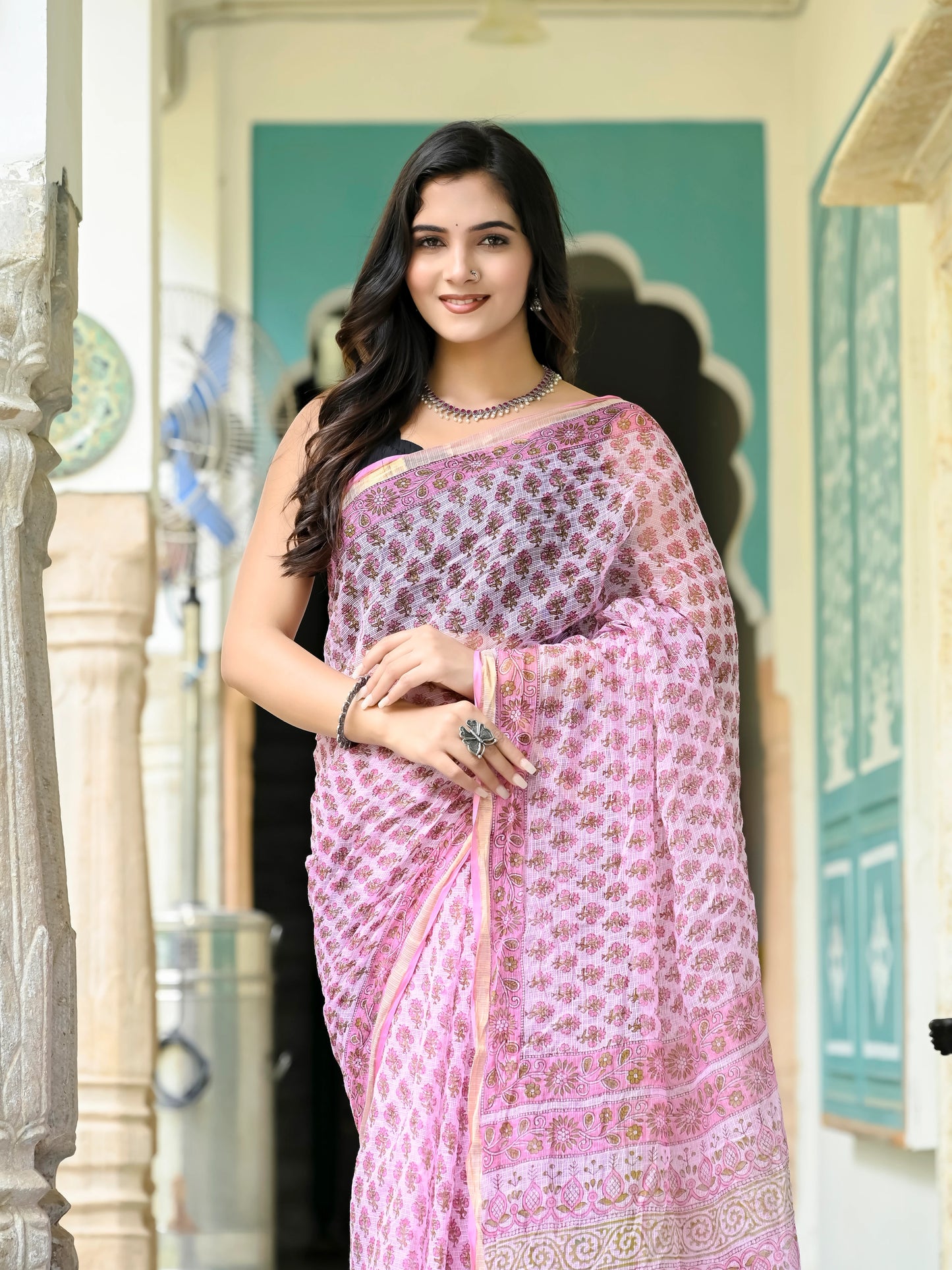 Pink Booti Pure Hand Block Print Kota doria saree