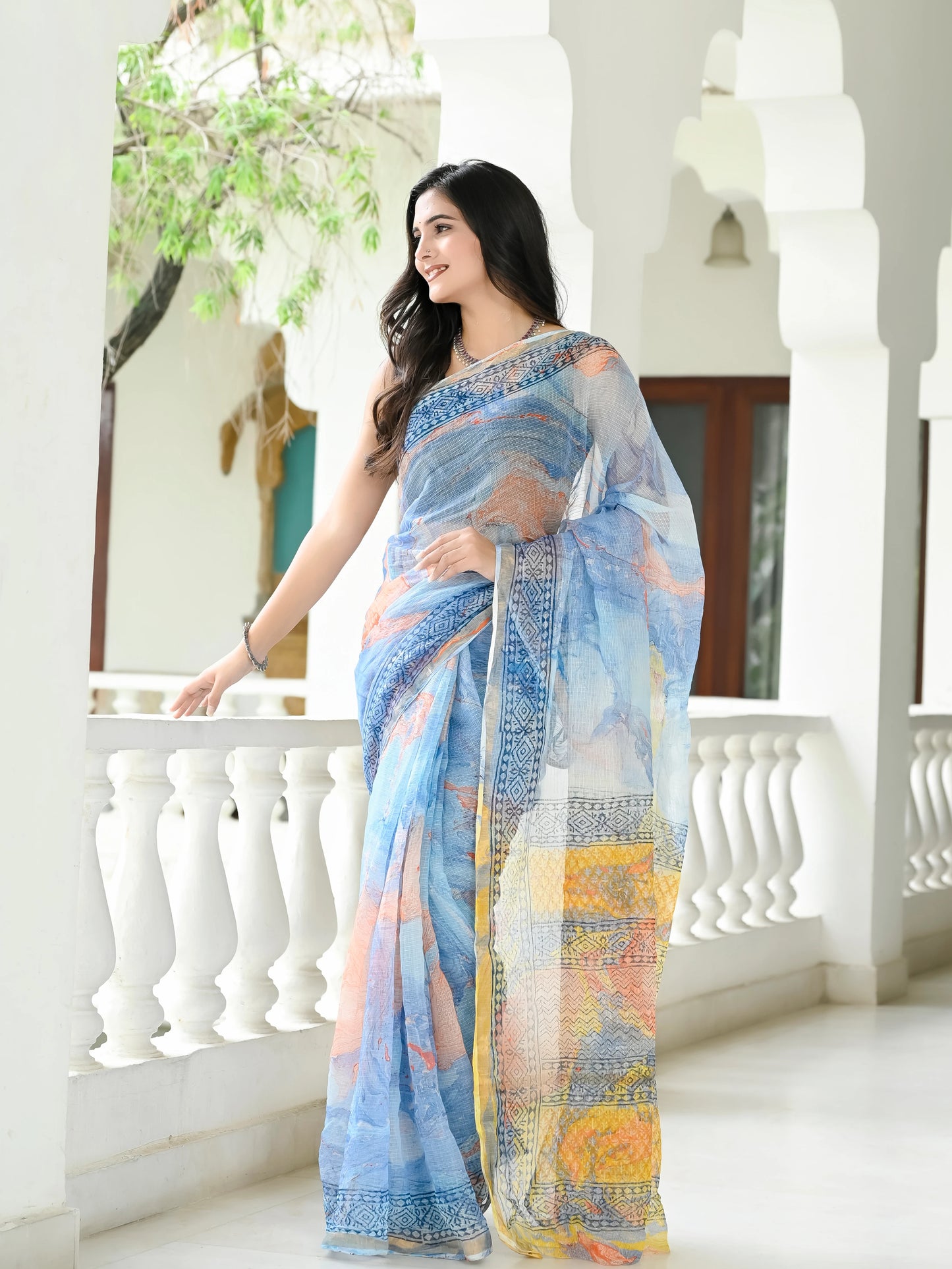 Blue Marble Painted Pure Hand Block printed Kota Doria saree