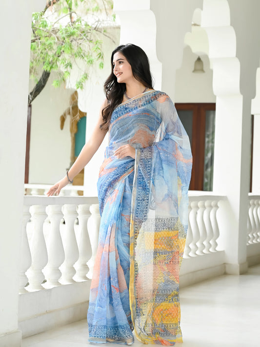 Blue Marble Painted Pure Hand Block printed Kota Doria saree