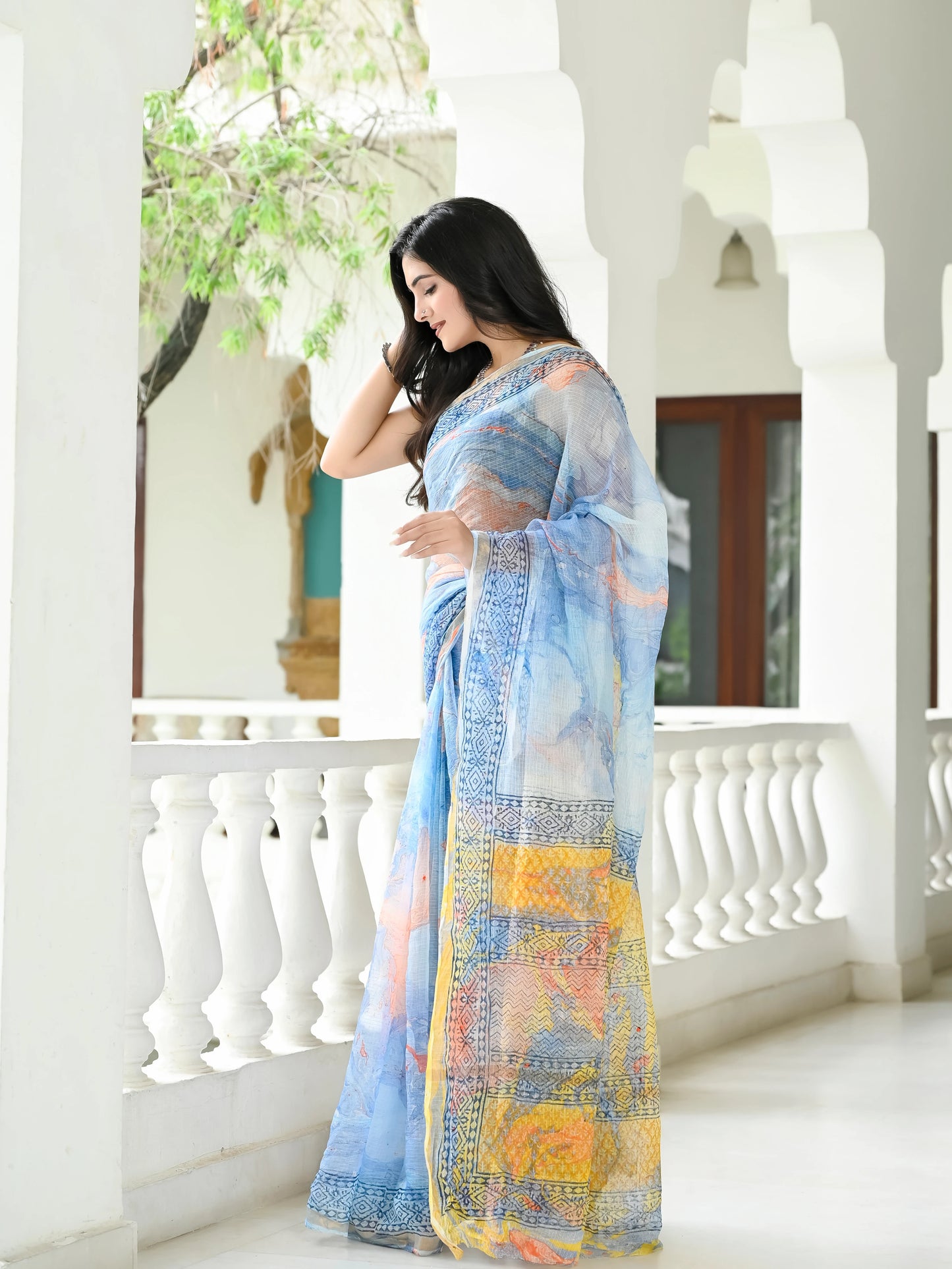 Blue Marble Painted Pure Hand Block printed Kota Doria saree